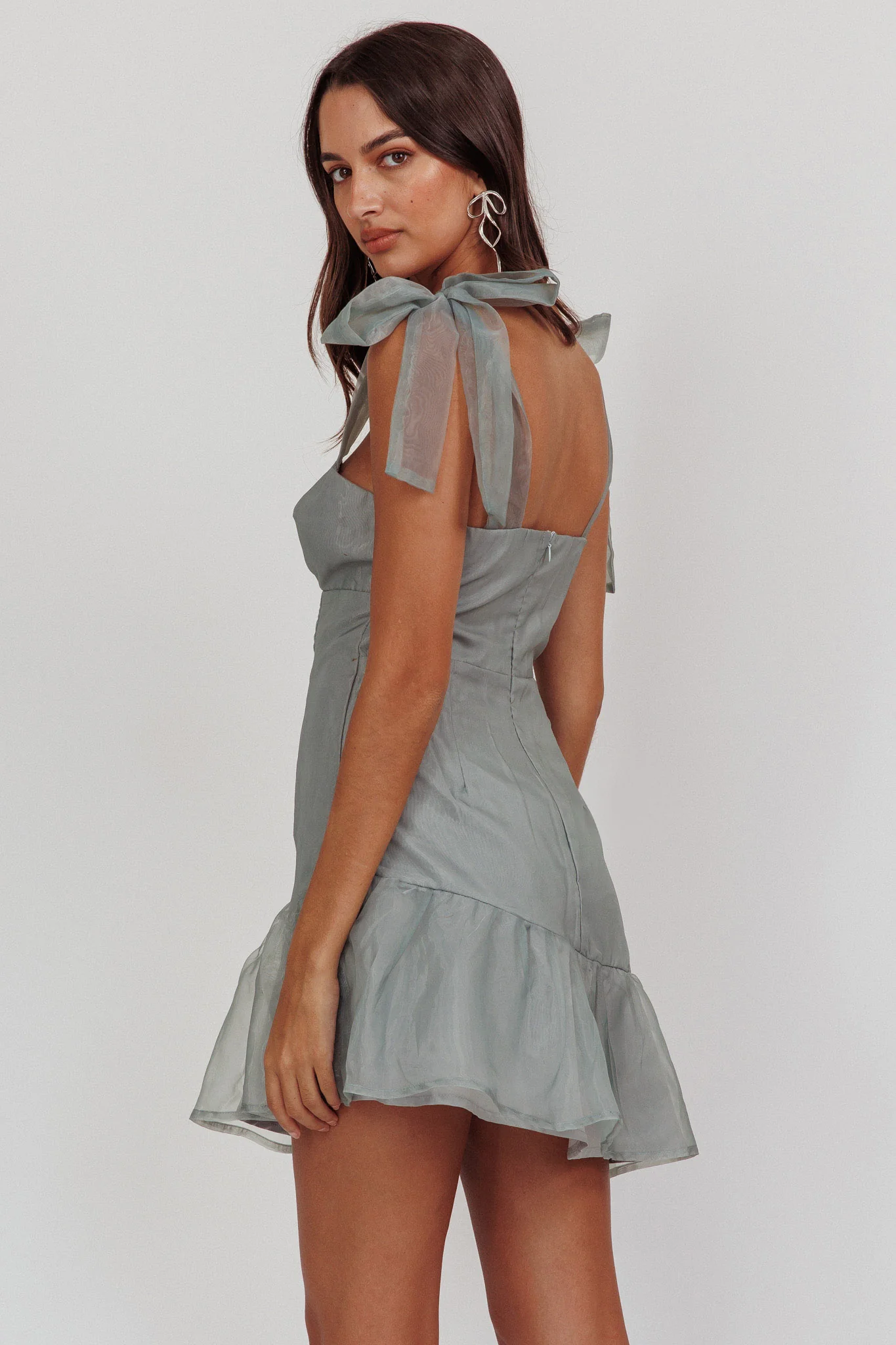 Alexia Bow Shoulder Ruffle Hem Mini Dress Sage - Image 2