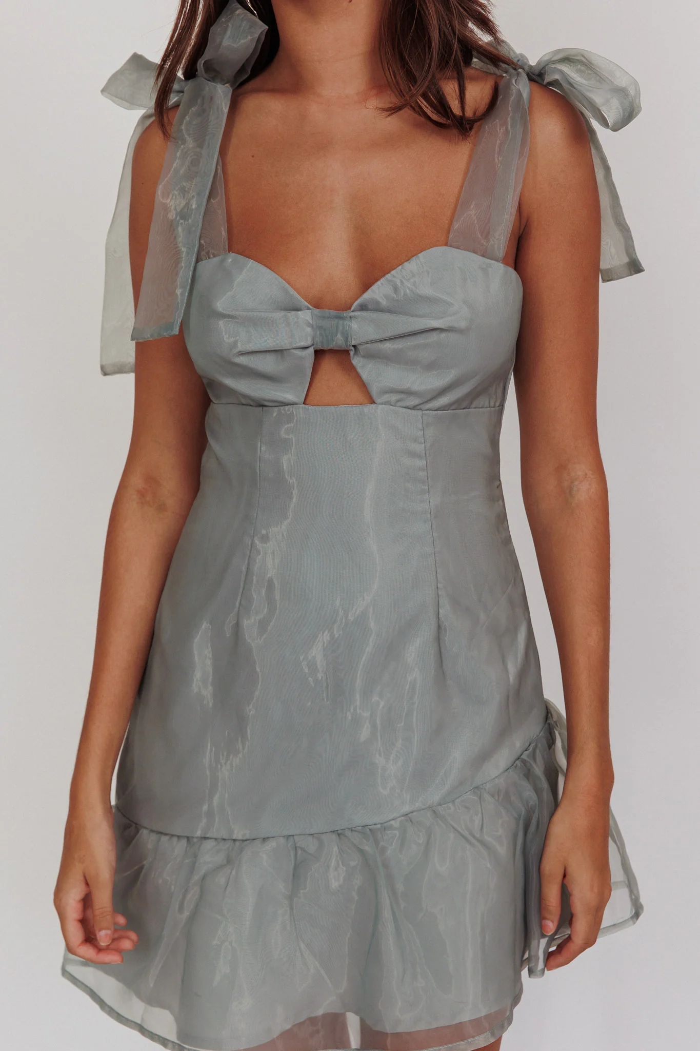 Alexia Bow Shoulder Ruffle Hem Mini Dress Sage - Image 4