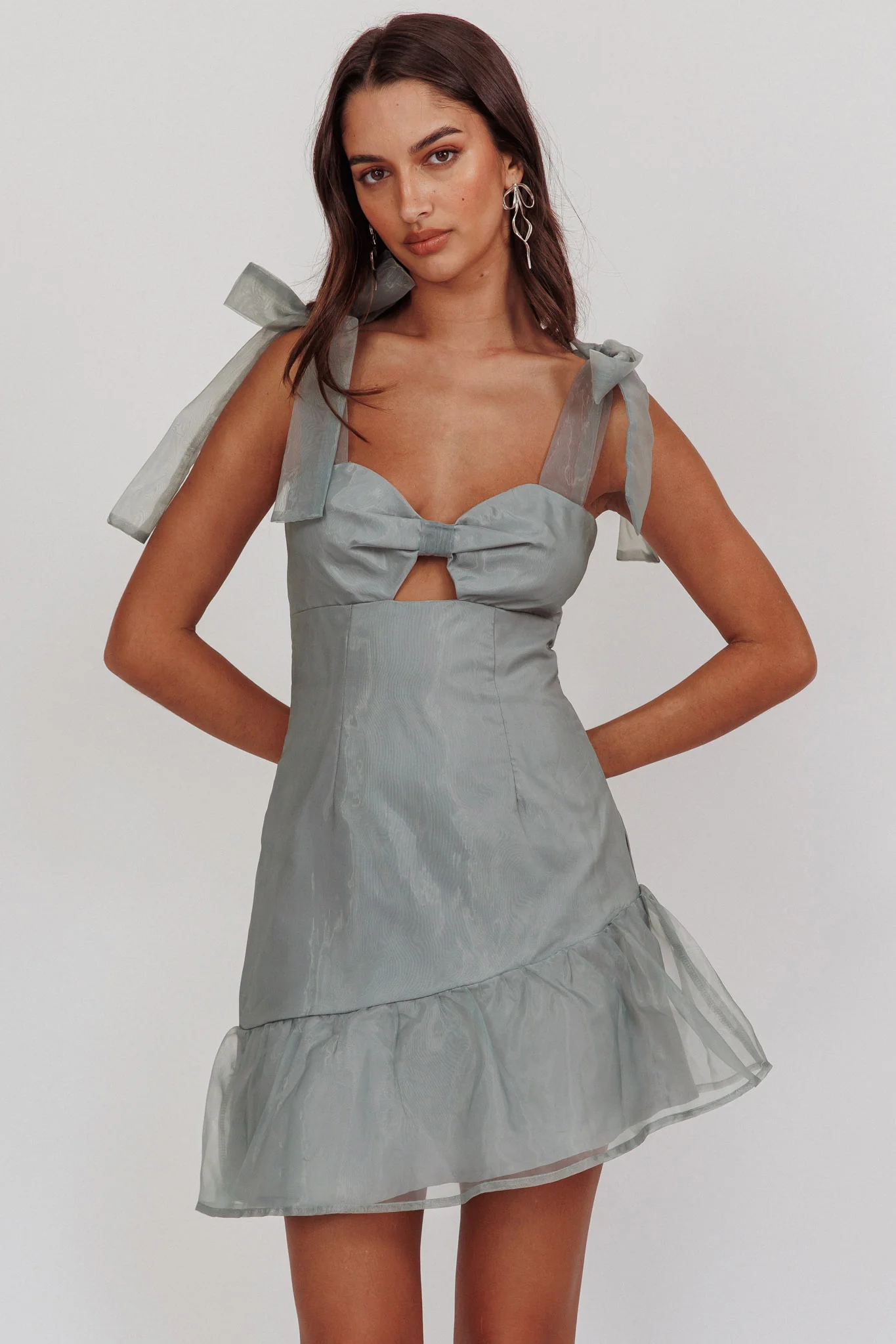Alexia Bow Shoulder Ruffle Hem Mini Dress Sage - Image 5