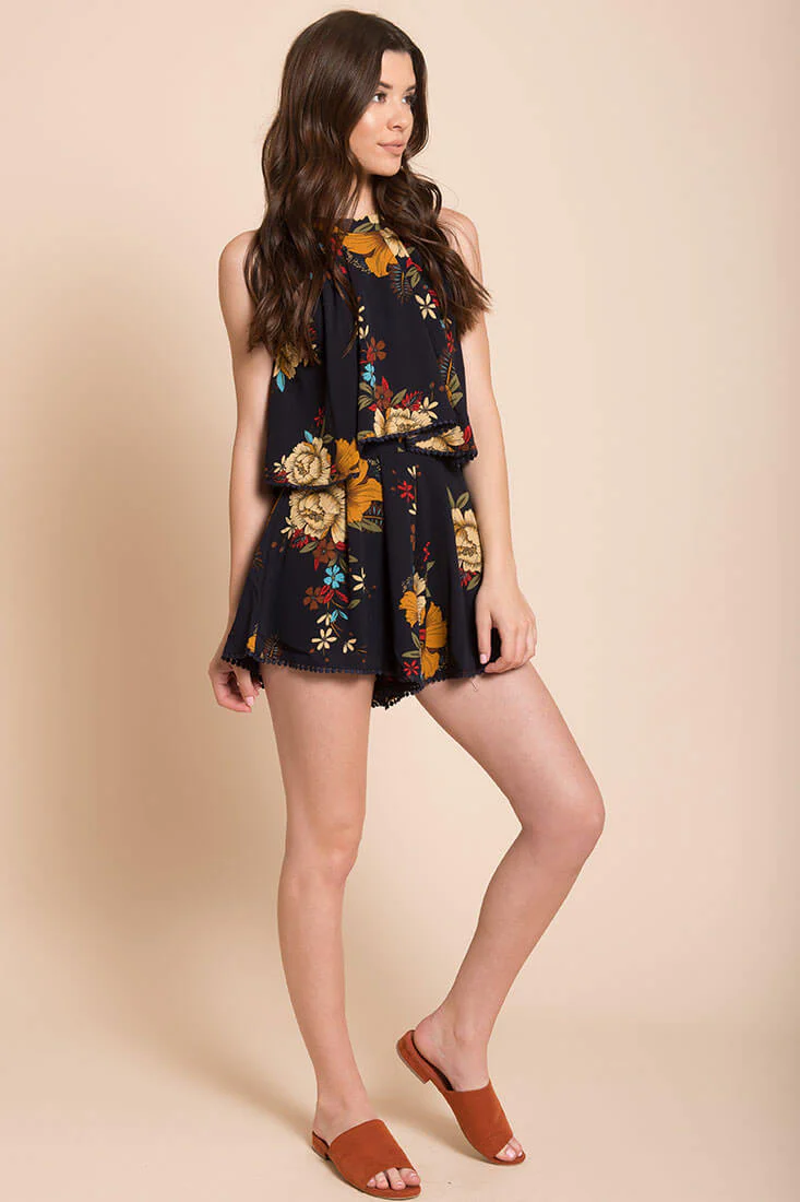 Alianna Floral Halter Romper Navy - Image 2