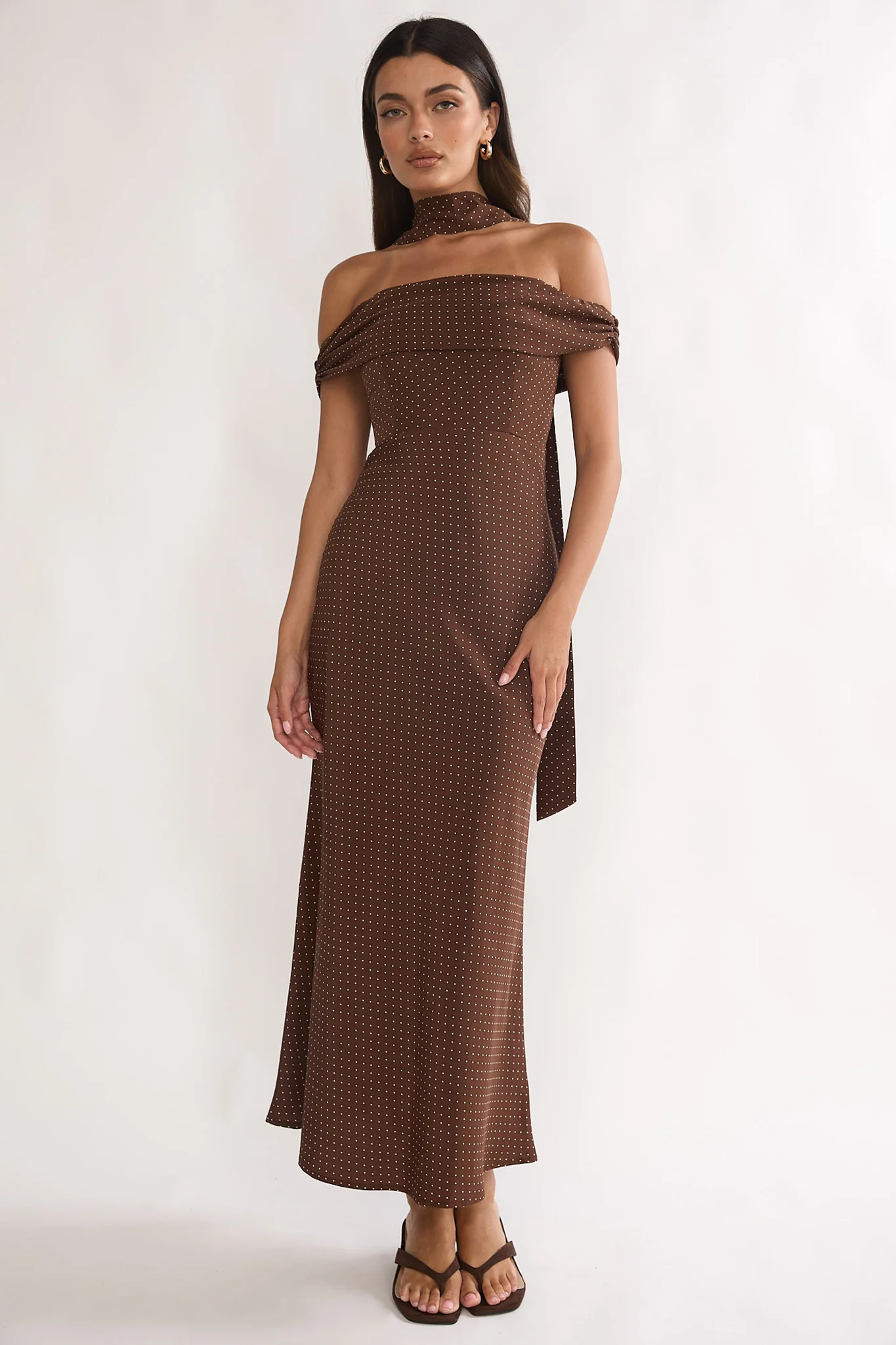 Alissa Off-Shoulder Maxi Dress Polka Dot Chocolate - Image 5