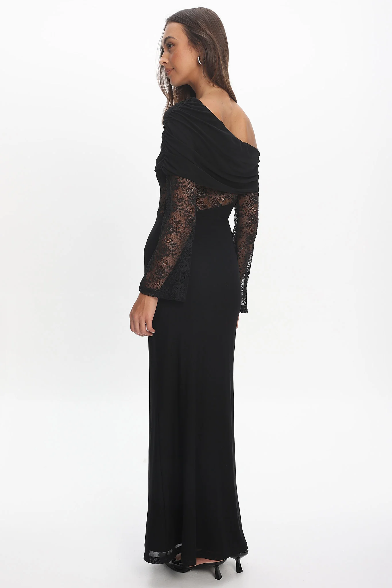 Alivya Asymmetric Neckline Lace Trim Maxi Dress Black - Image 3