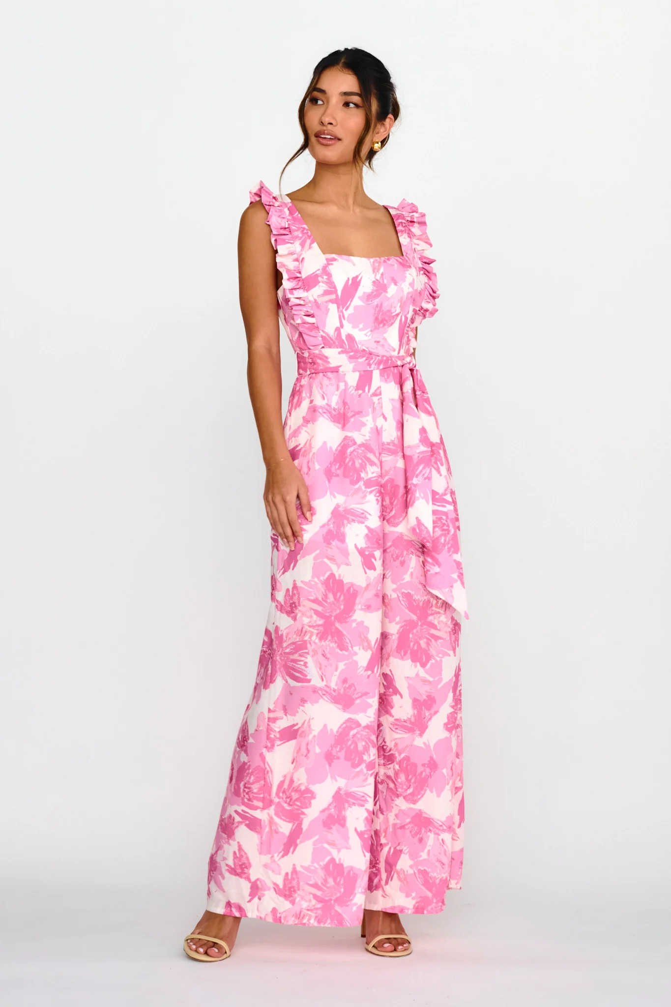 All For Love Square Neckline Ruffle Strap Jumpsuit Floral Pink - Image 4