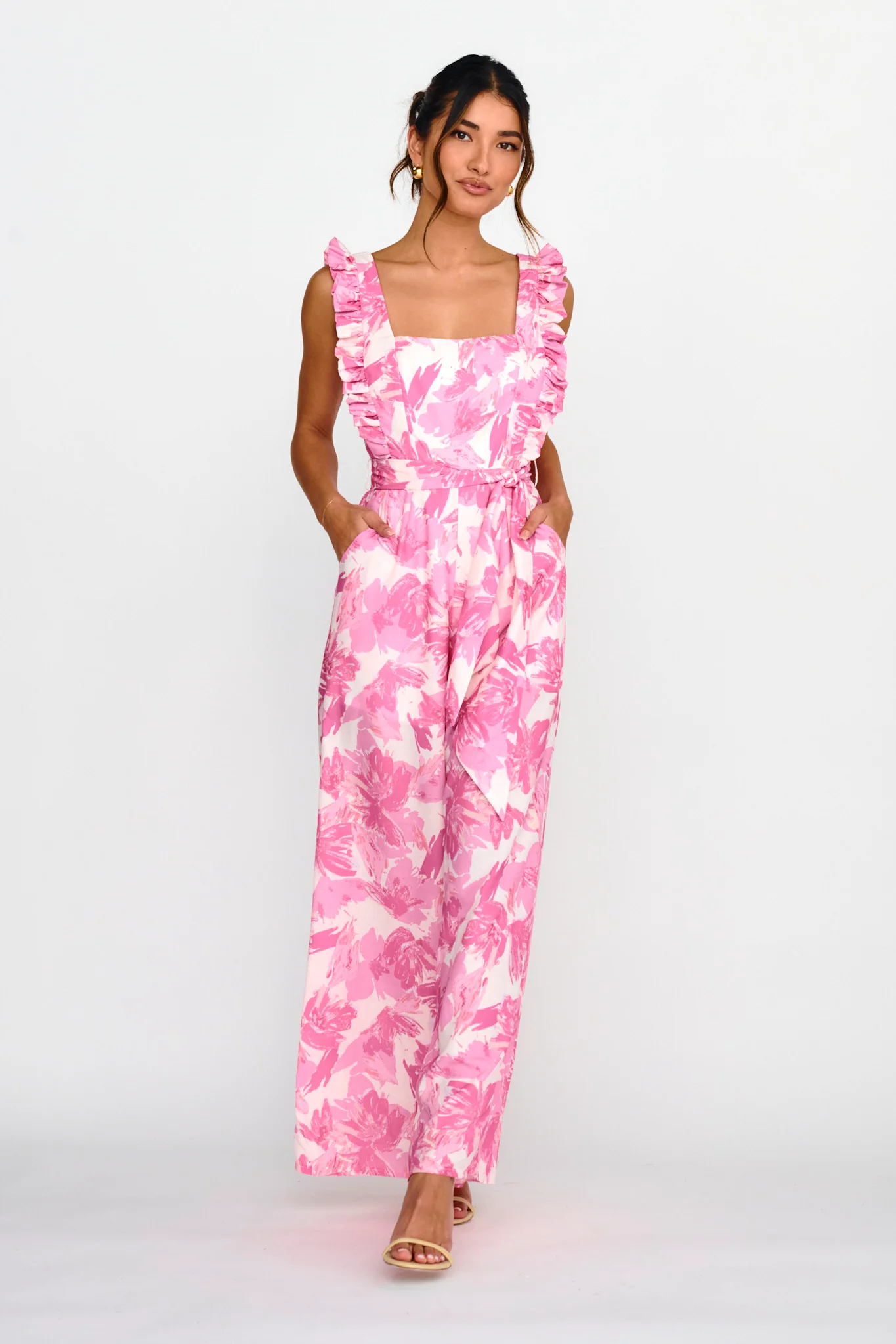 All For Love Square Neckline Ruffle Strap Jumpsuit Floral Pink - Image 5