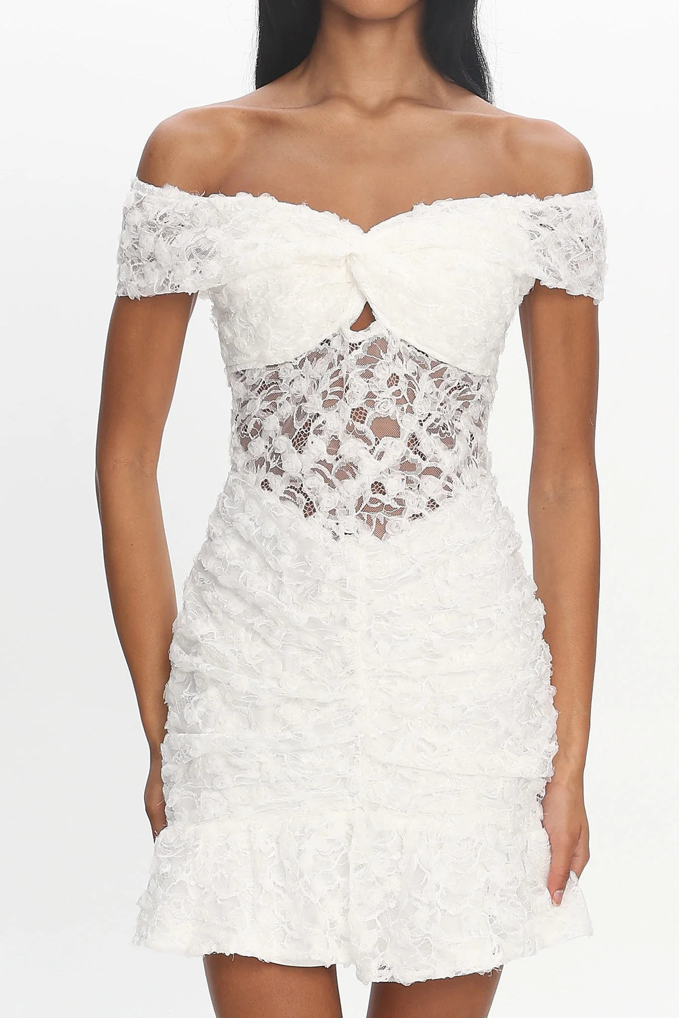 All The Lights Off-Shoulder Lace Mini Dress White - Image 3