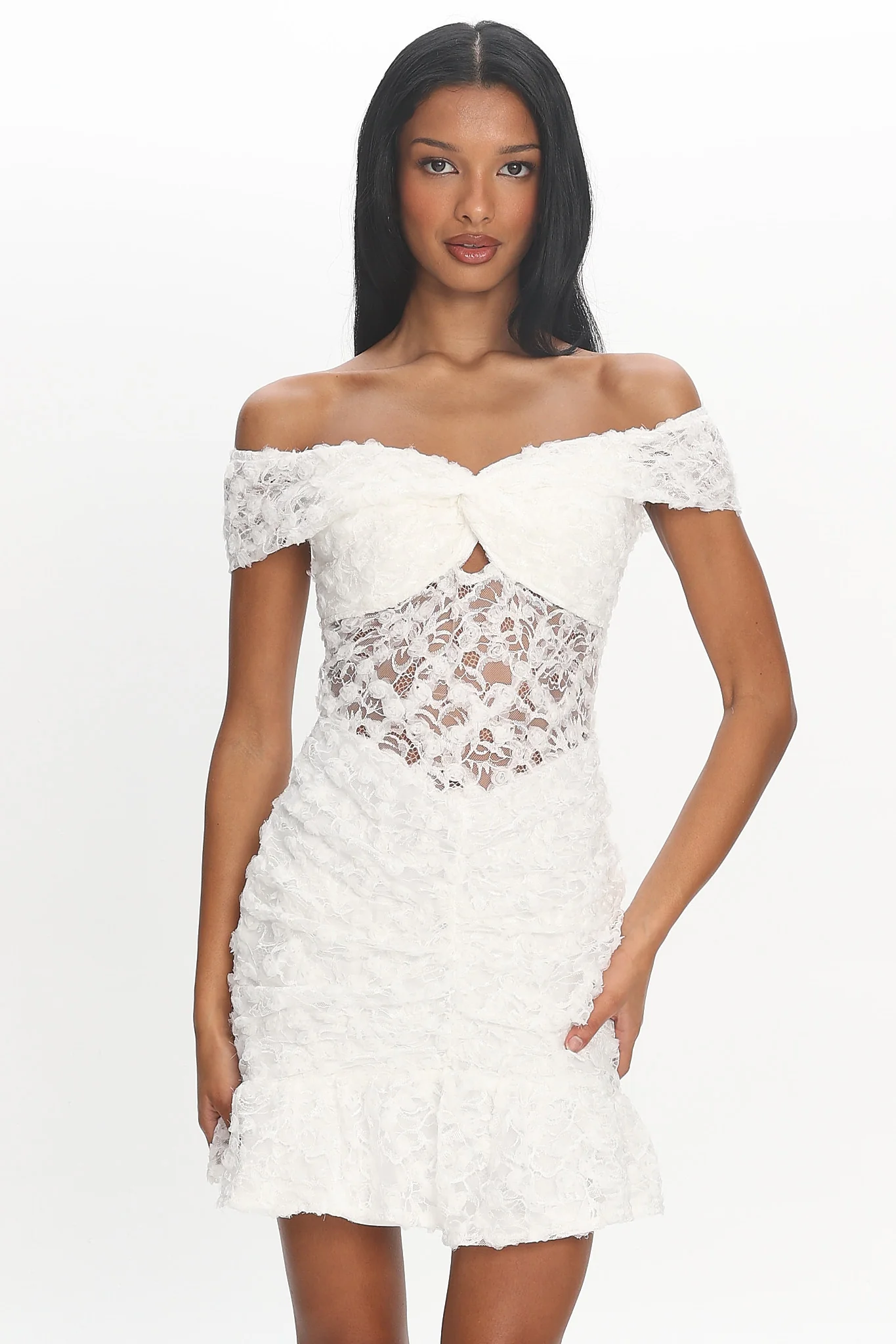 All The Lights Off-Shoulder Lace Mini Dress White - Image 5