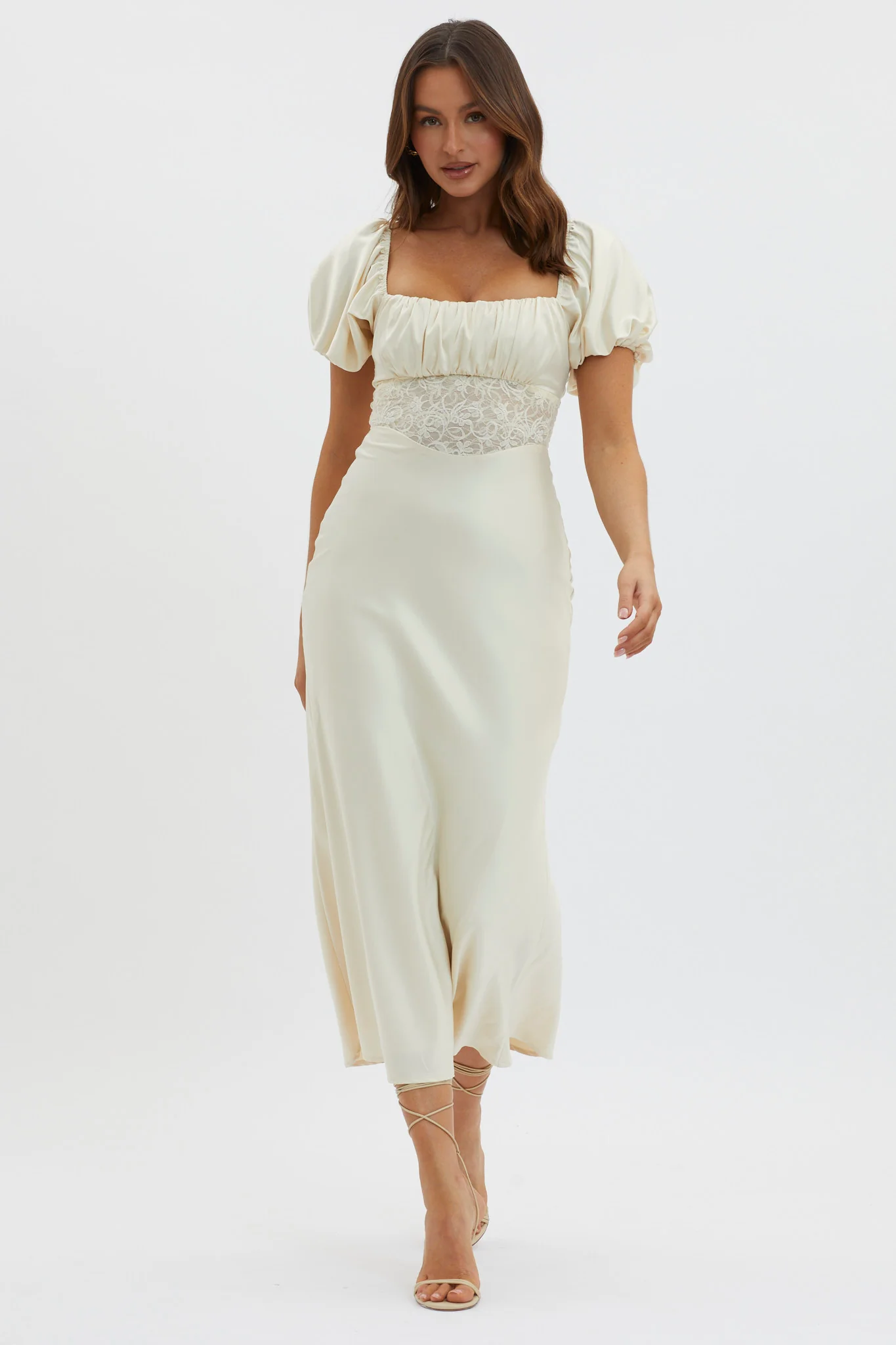 Allianna Puff Sleeve Lace Waist Midi Dress Butter - Image 5