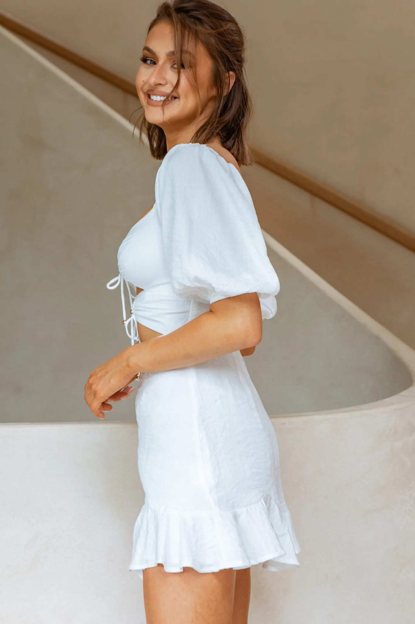 Alma Drawstring Circle Bust Puff Sleeve Mini Dress White - Image 5