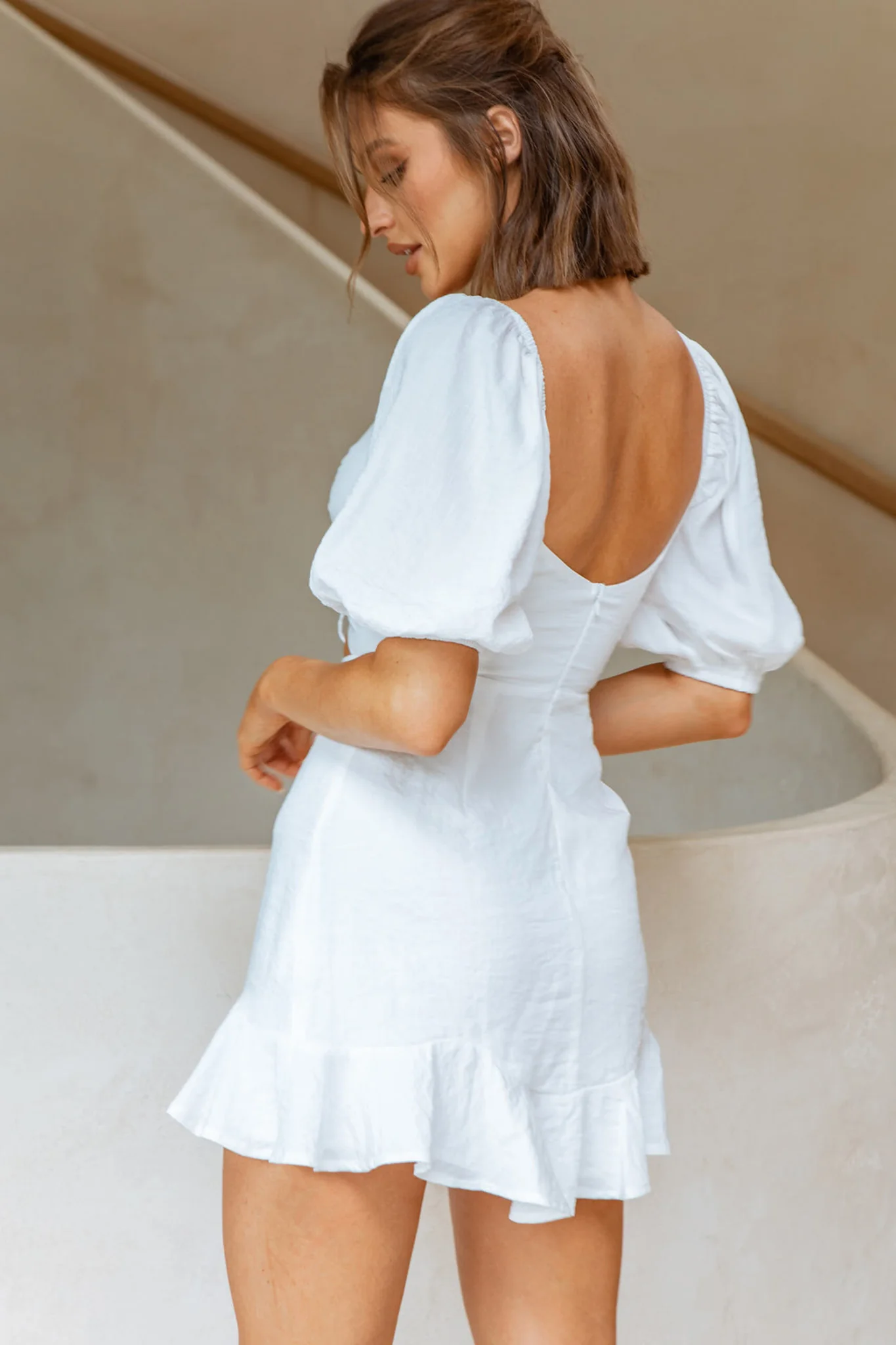 Alma Drawstring Circle Bust Puff Sleeve Mini Dress White - Image 7