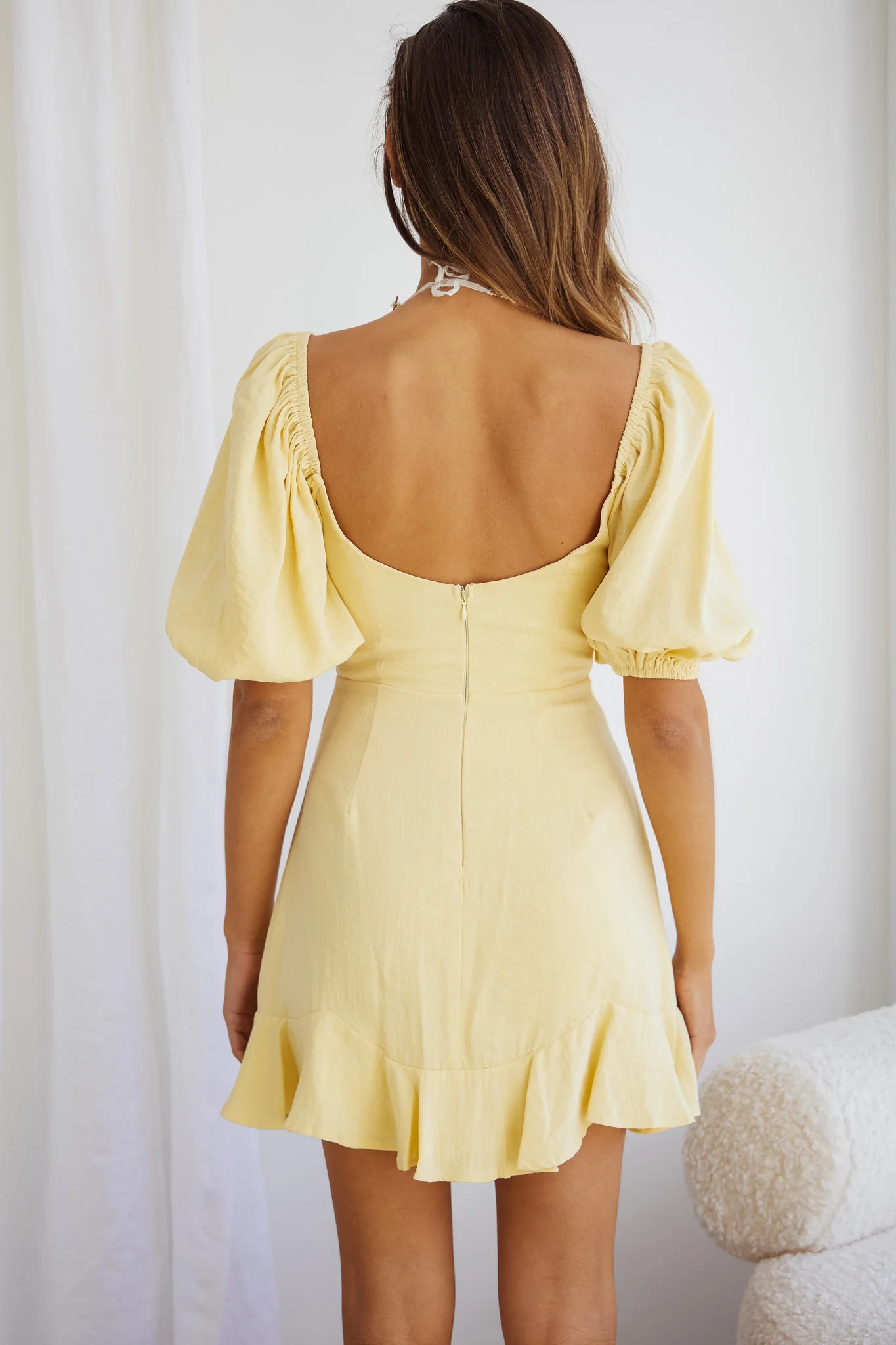 Alma Drawstring Circle Bust Puff Sleeve Mini Dress Yellow - Image 2