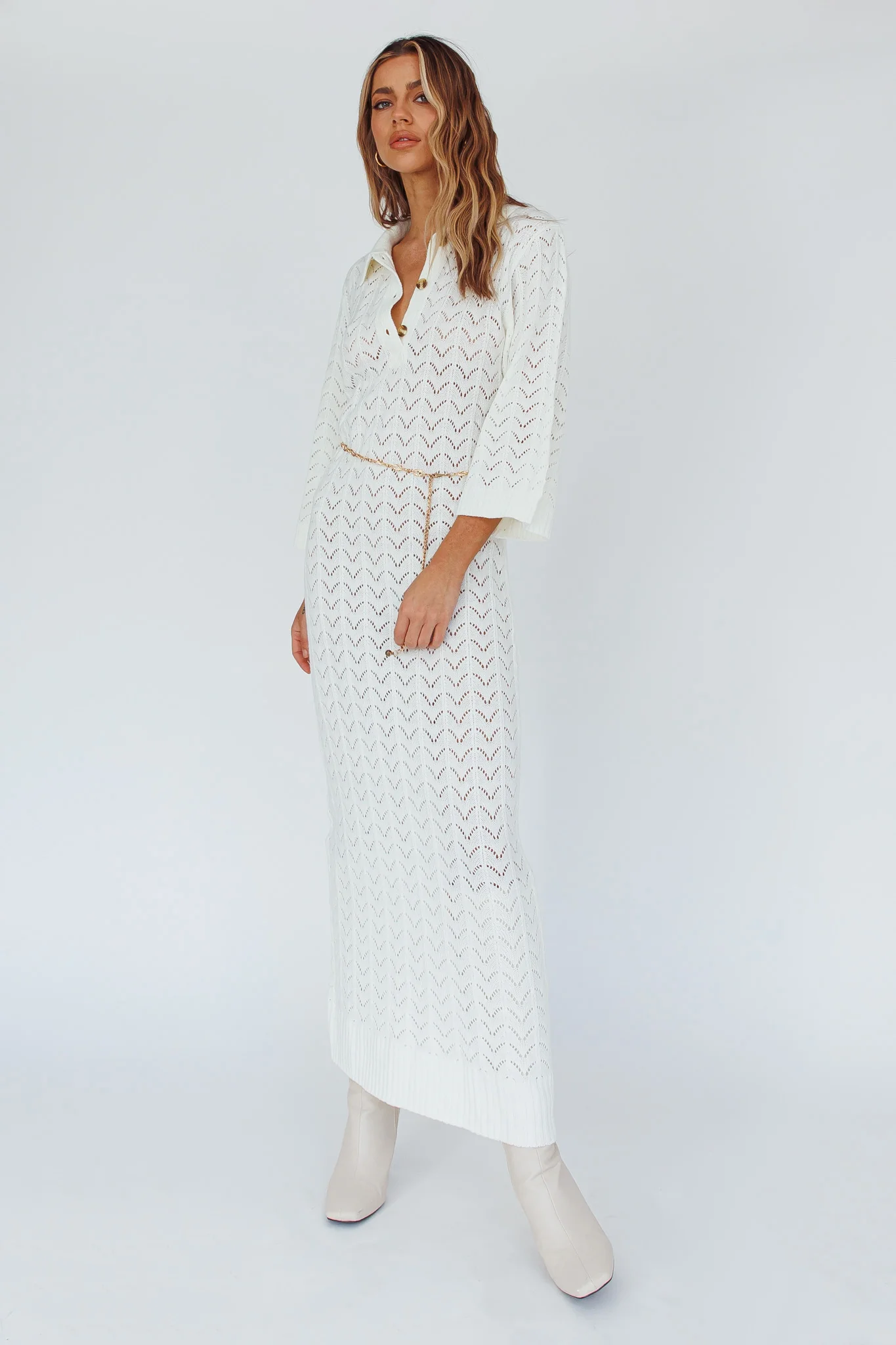 Alouette 3/4 Sleeve Crochet Midi Dress Cream - Image 3