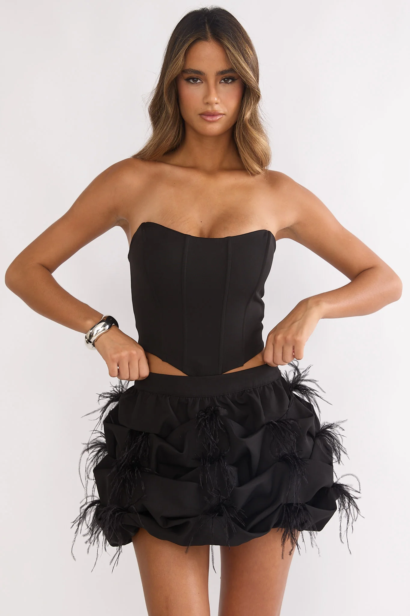 Alyra Feather Puff Mini Skirt Black - Image 4