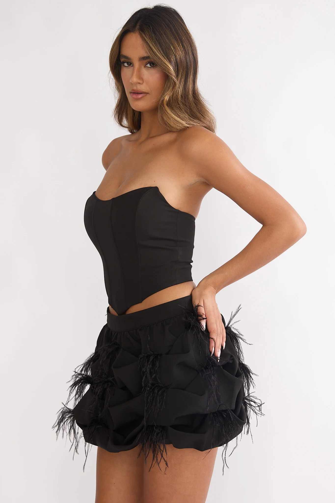 Alyra Feather Puff Mini Skirt Black - Image 5