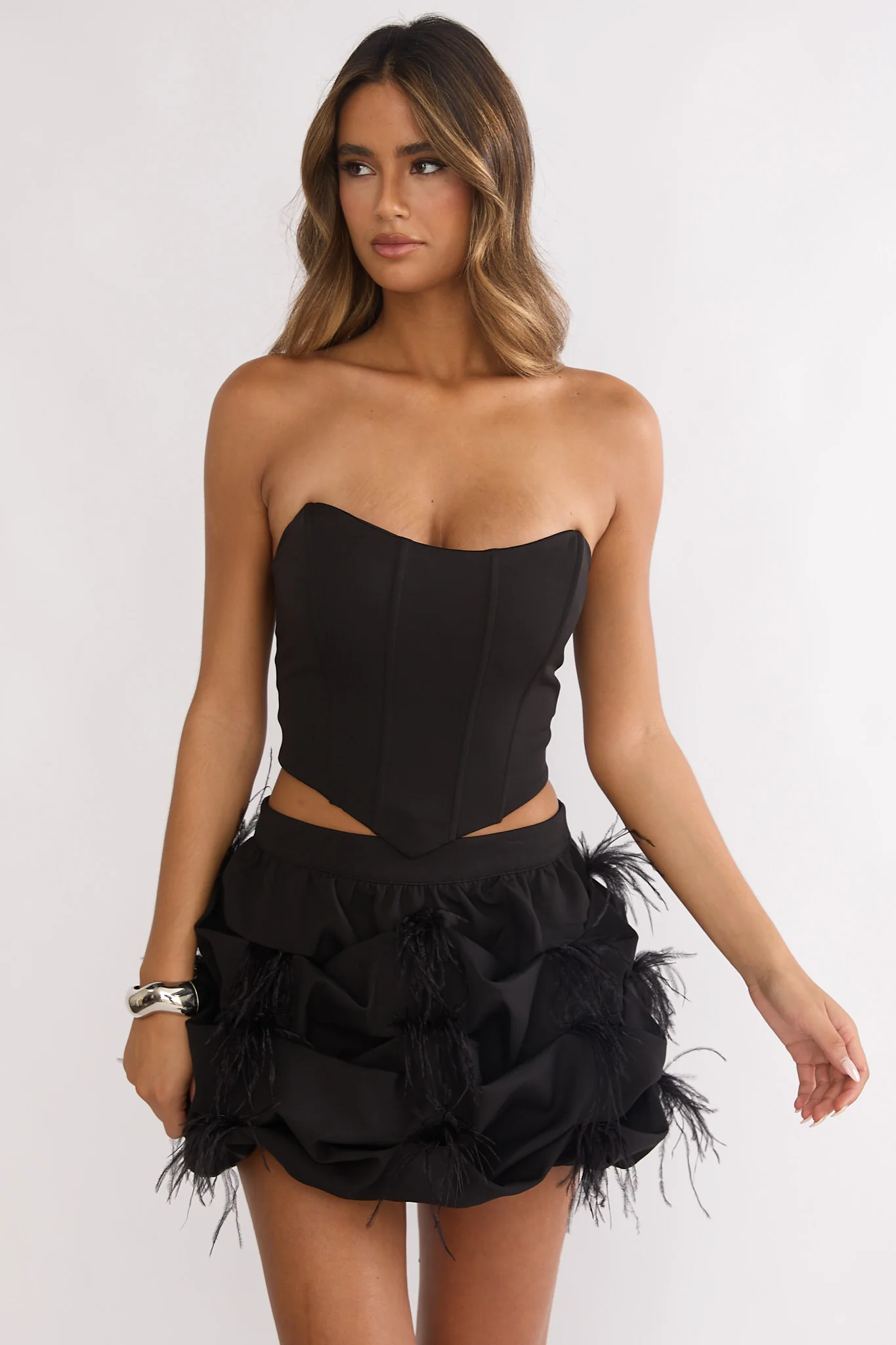 Alyra Feather Puff Mini Skirt Black - Image 7