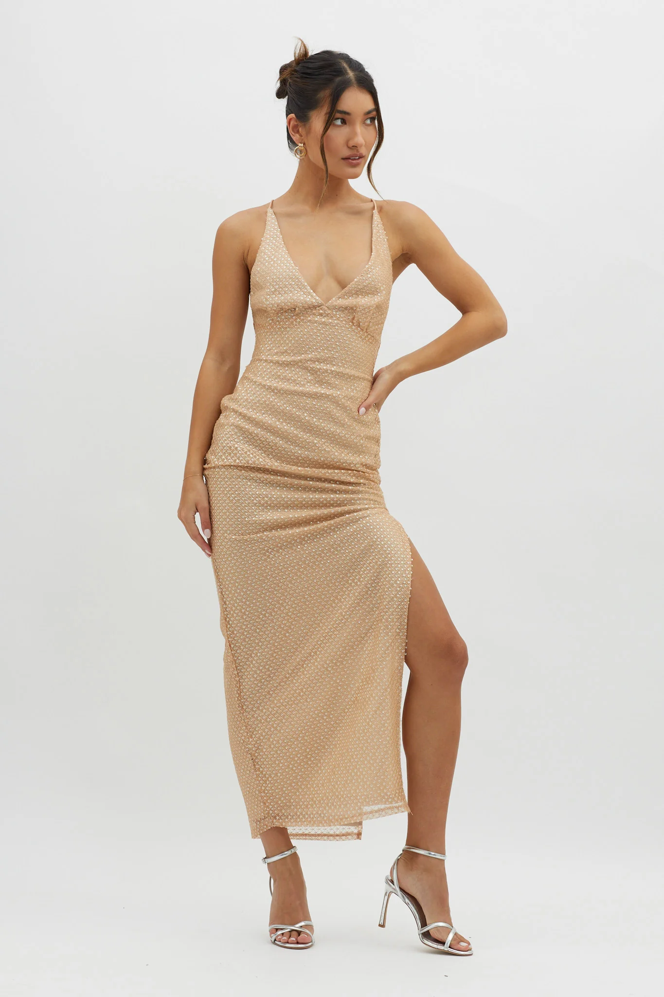Alysia Plunging Halterneck Maxi Dress Champagne - Image 6