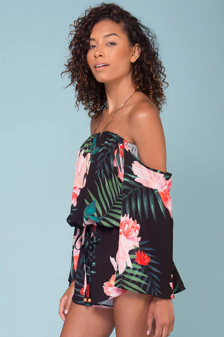Alyssa Floral Off The Shoulder Romper Black - Image 3