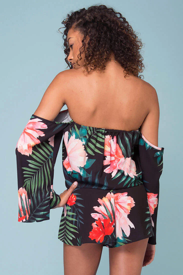 Alyssa Floral Off The Shoulder Romper Black - Image 5