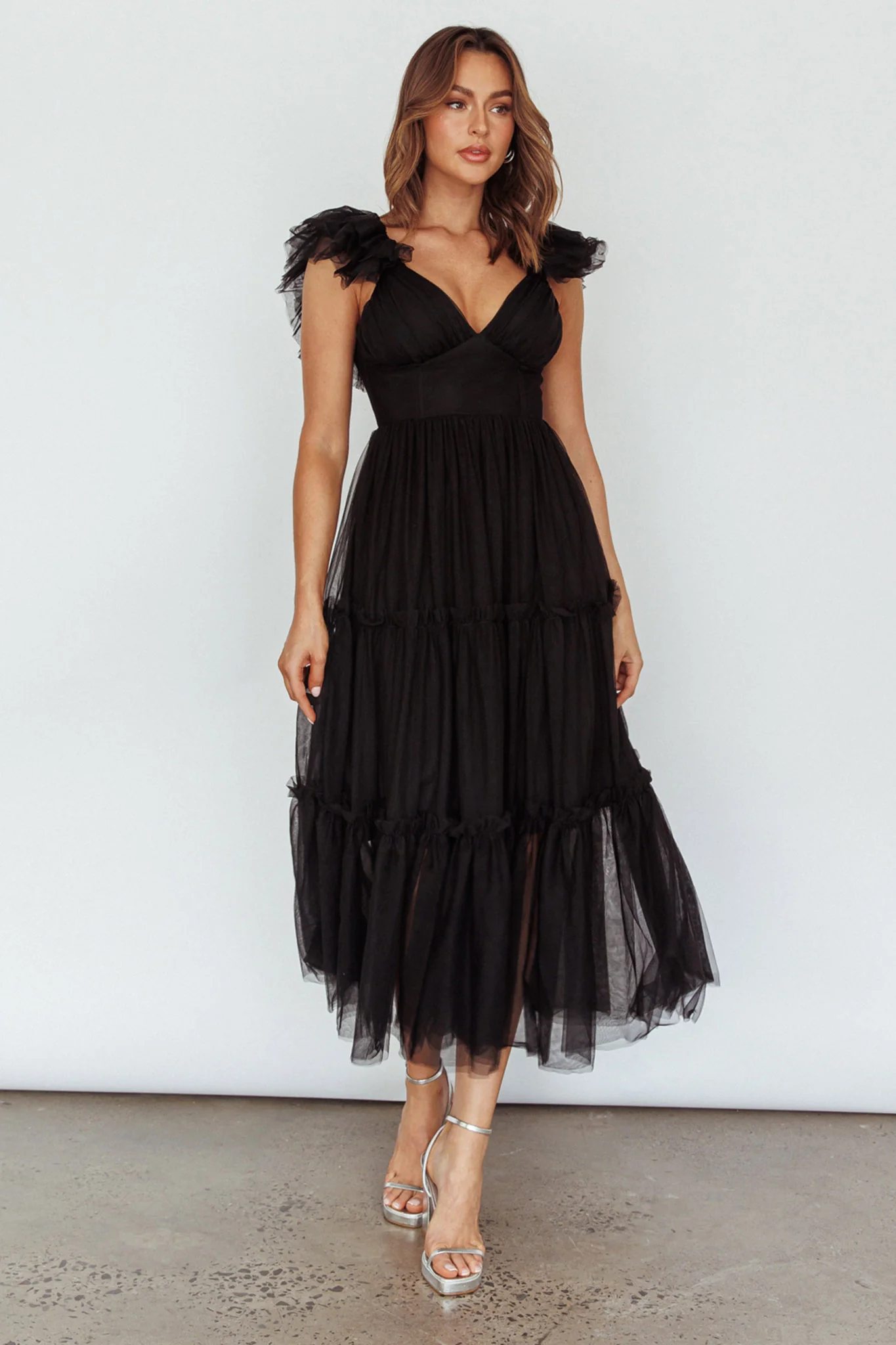 Amal Ruffle Shoulder Tulle Midi Dress Black - Image 3