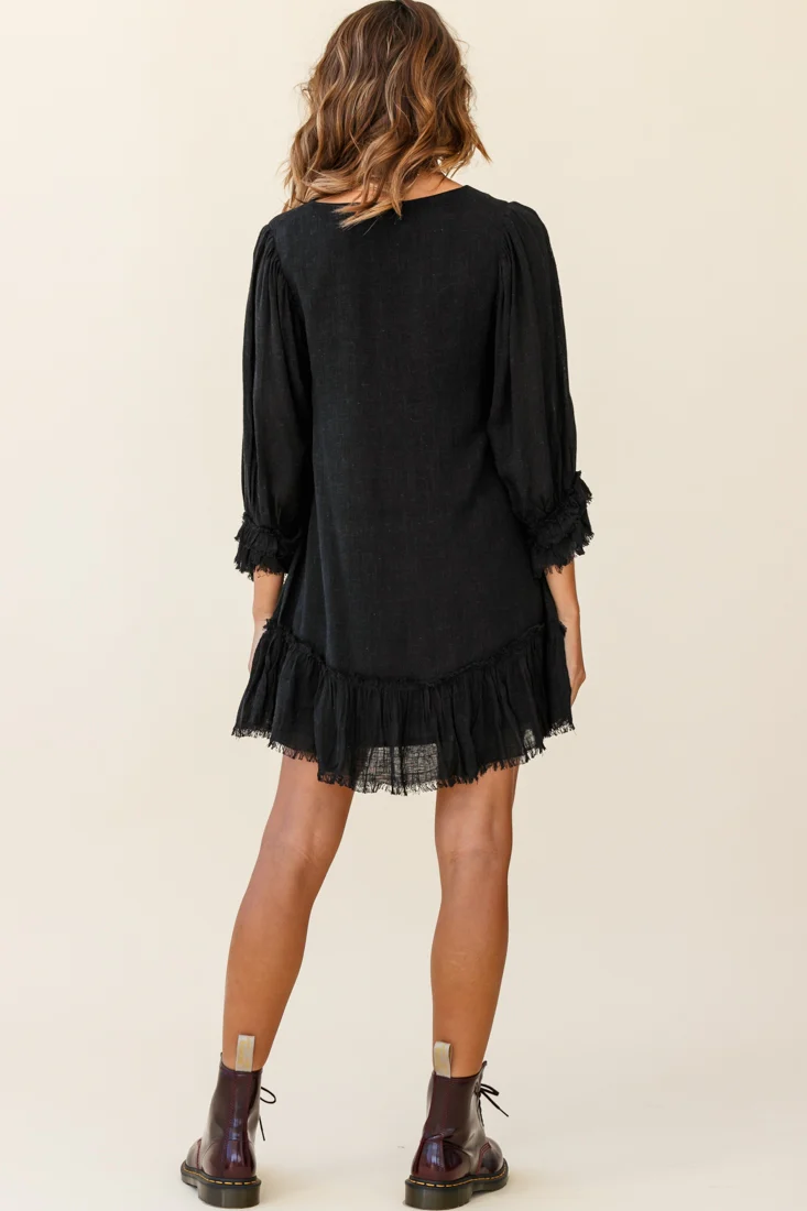 Amala Balloon Sleeve Button Detail Linen Dress Black - Image 3