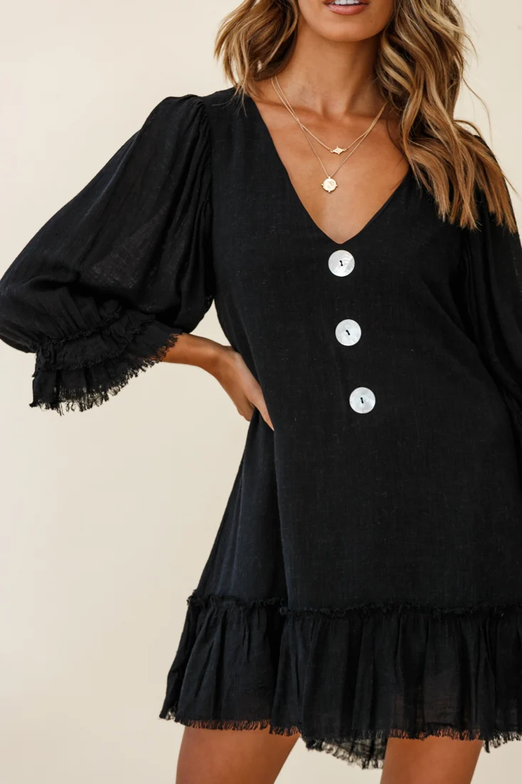 Amala Balloon Sleeve Button Detail Linen Dress Black - Image 4