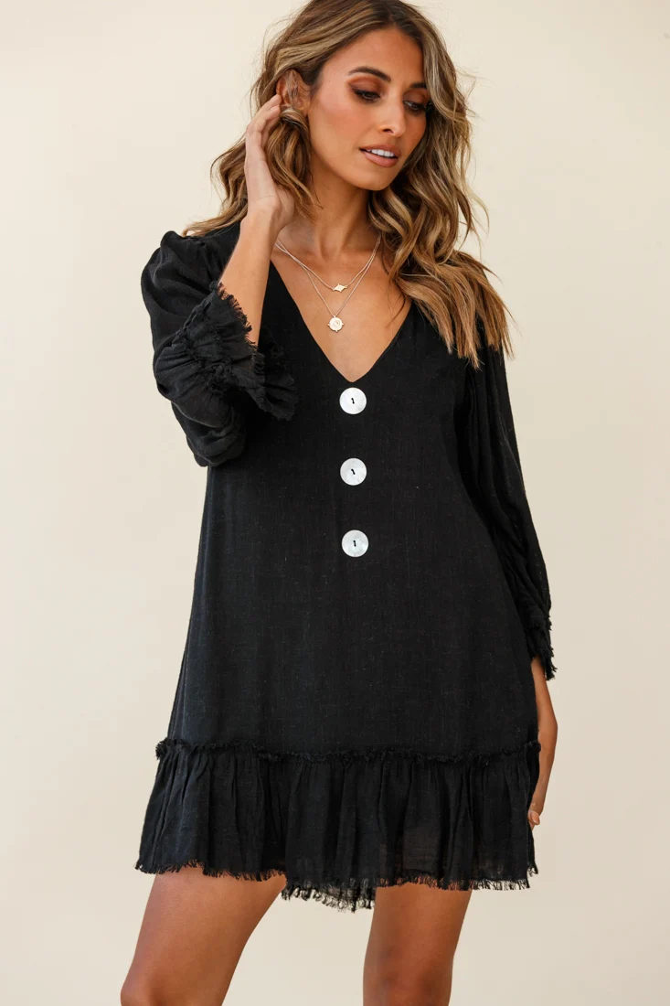 Amala Balloon Sleeve Button Detail Linen Dress Black - Image 5
