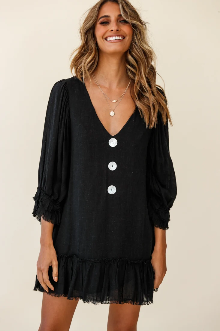 Amala Balloon Sleeve Button Detail Linen Dress Black - Image 6