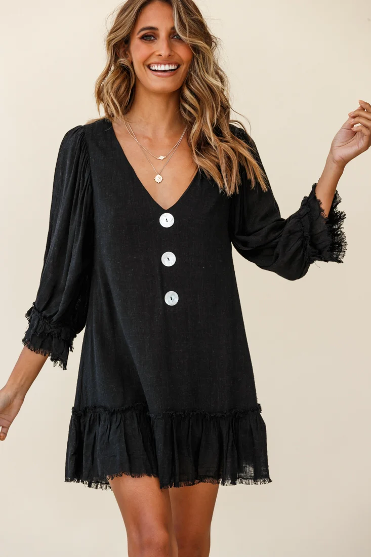 Amala Balloon Sleeve Button Detail Linen Dress Black - Image 7