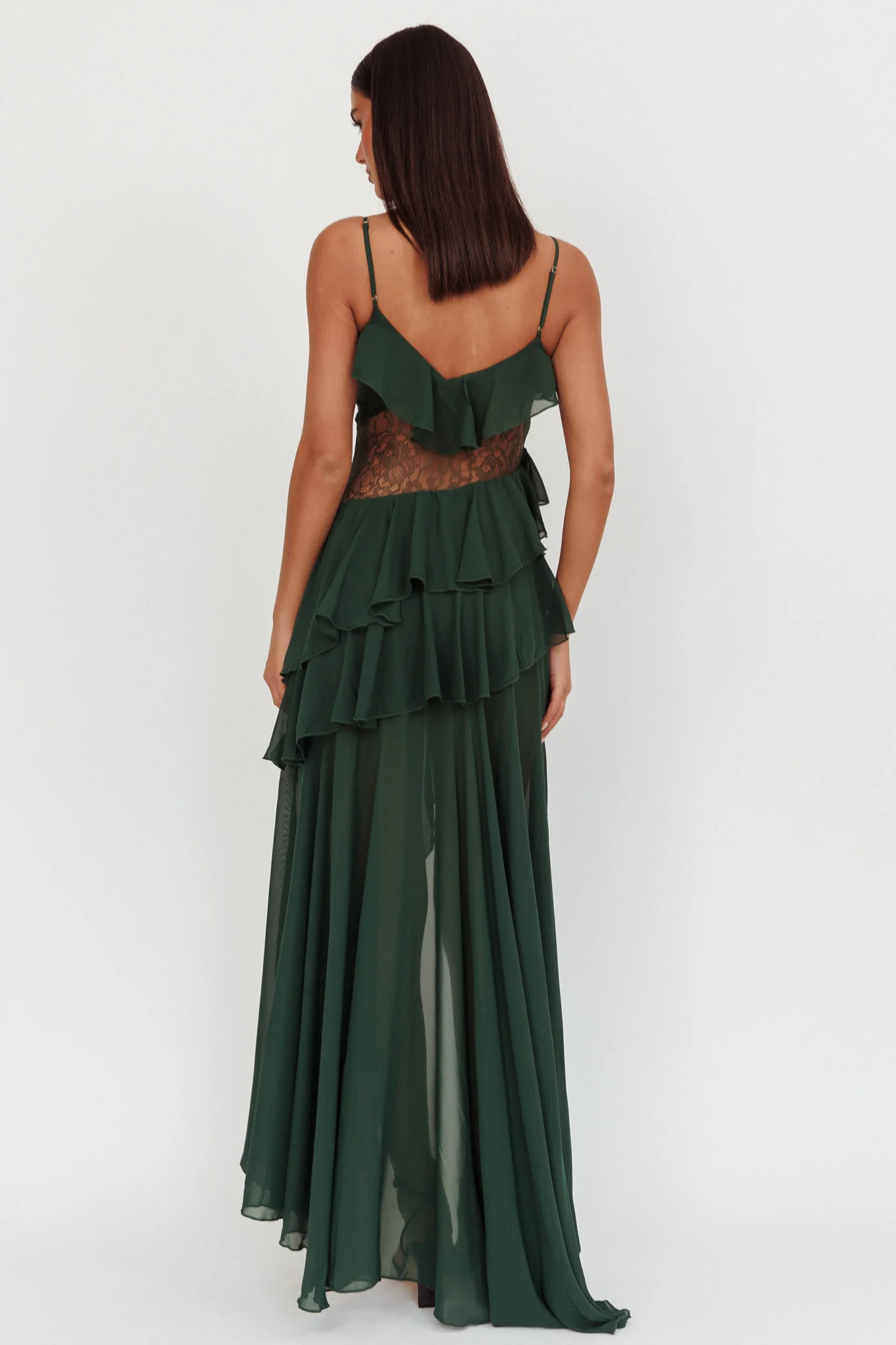 Amaretto Lace Waist Ruffle Maxi Dress Hunter Green - Image 2