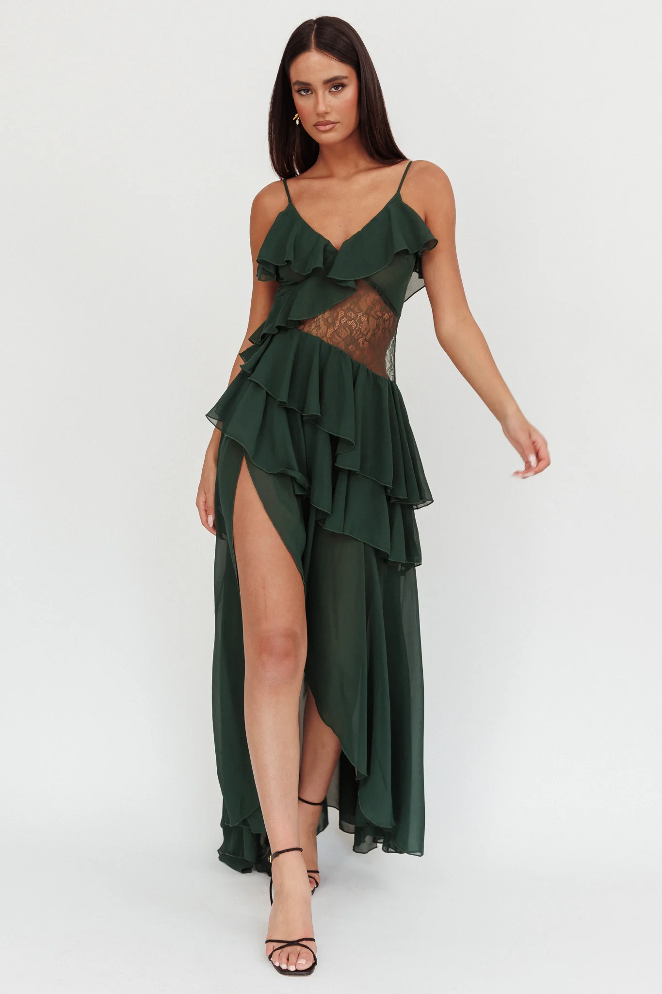 Amaretto Lace Waist Ruffle Maxi Dress Hunter Green - Image 4