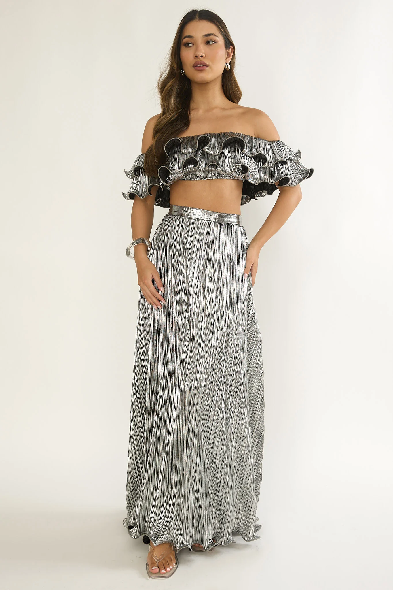 Amaria Lettuce Edge Maxi Skirt Silver - Image 5