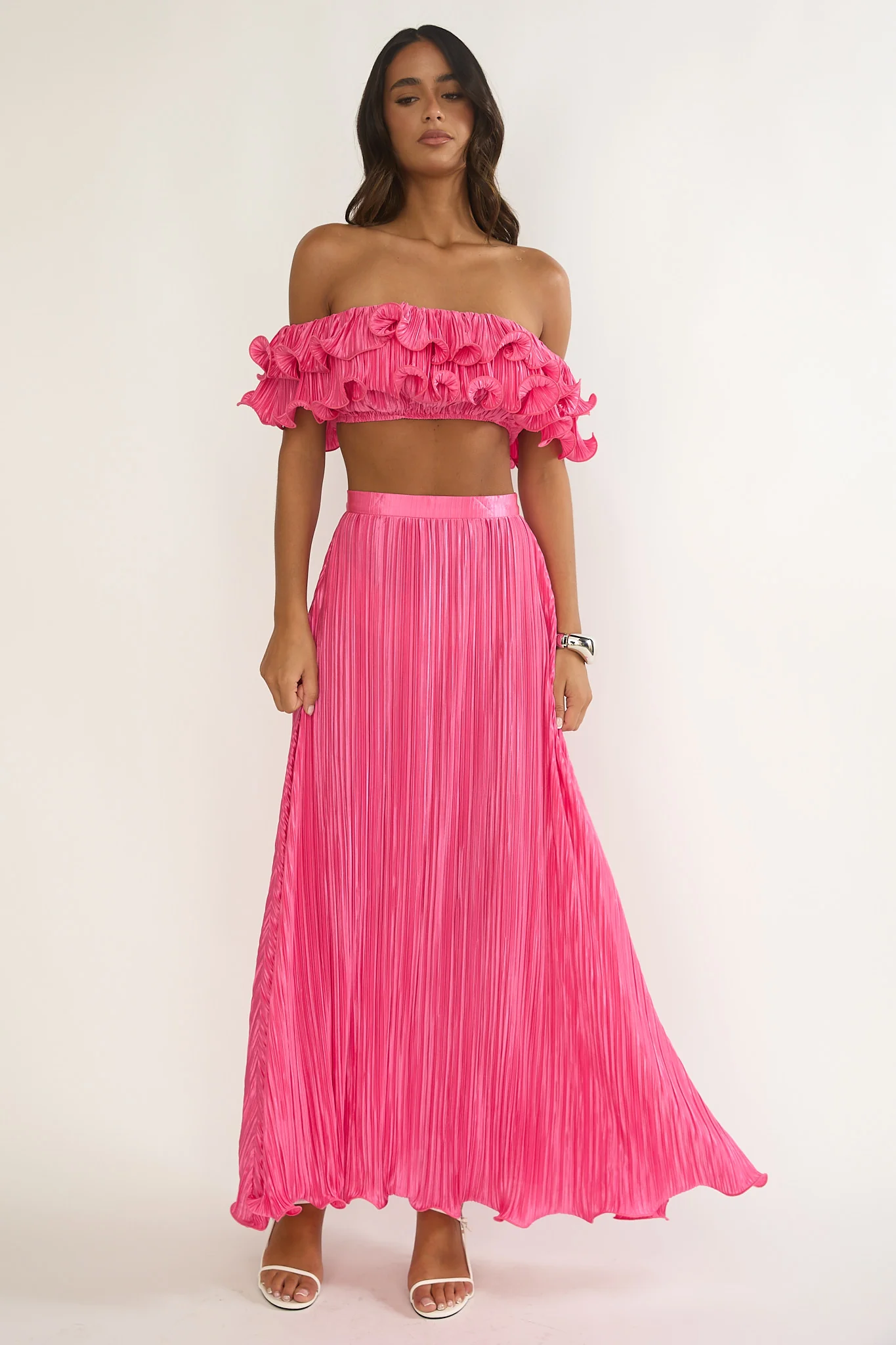 Amaria Off-Shoulder Lettuce Edge Crop Top Hot Pink - Image 5