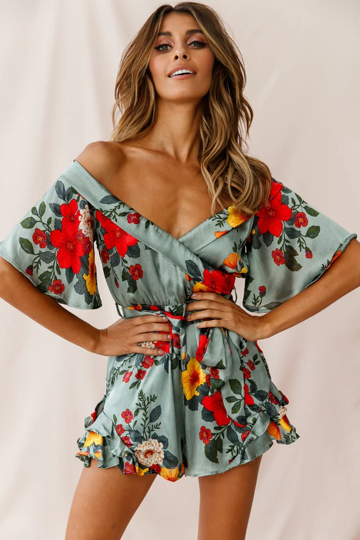 Ambrosia Off-Shoulder Floral Romper Sage
