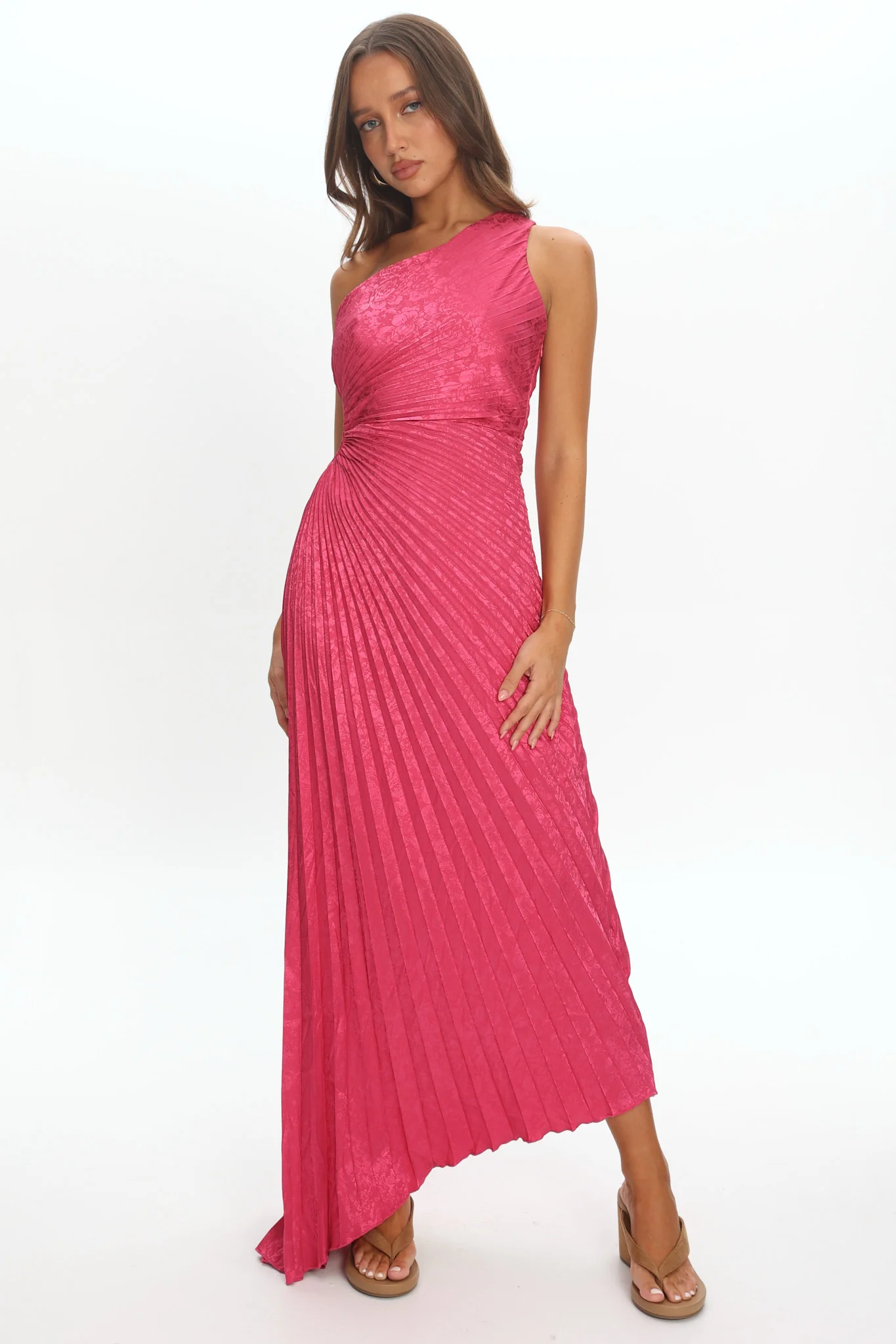 Amelie One-Shoulder Accordion Pleat Maxi Dress Floral Fuchsia - Image 3