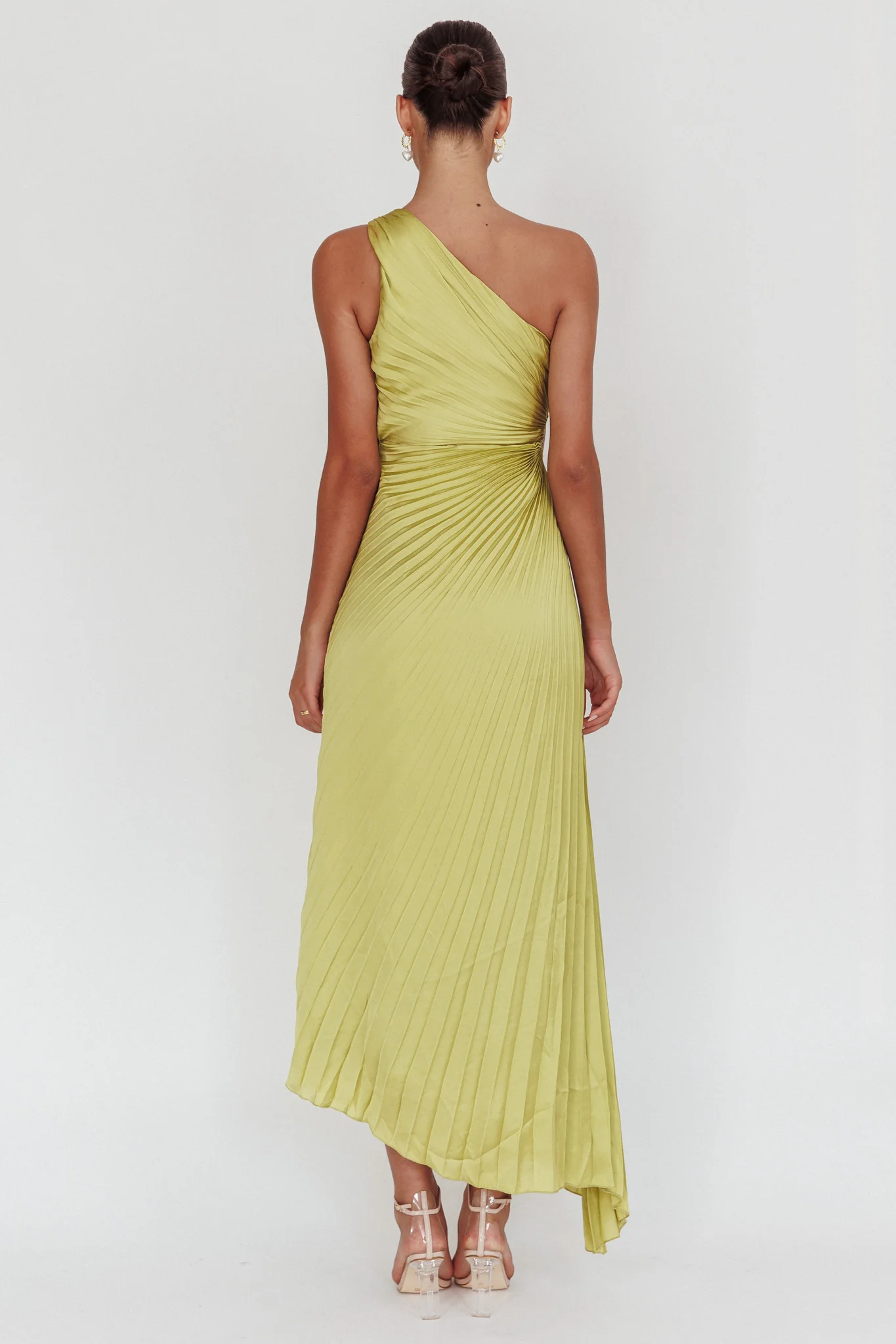 Amelie One-Shoulder Accordion Pleat Maxi Dress Lime - Image 3