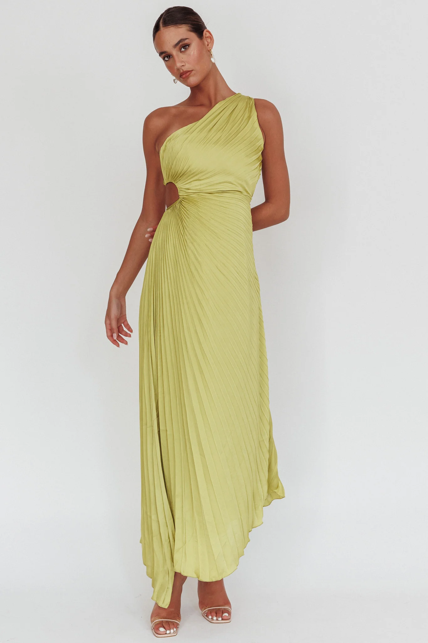 Amelie One-Shoulder Accordion Pleat Maxi Dress Lime - Image 4