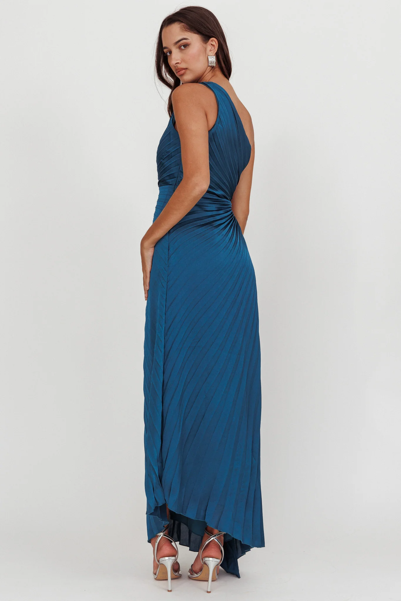Amelie One-Shoulder Accordion Pleat Maxi Dress Teal - Image 2