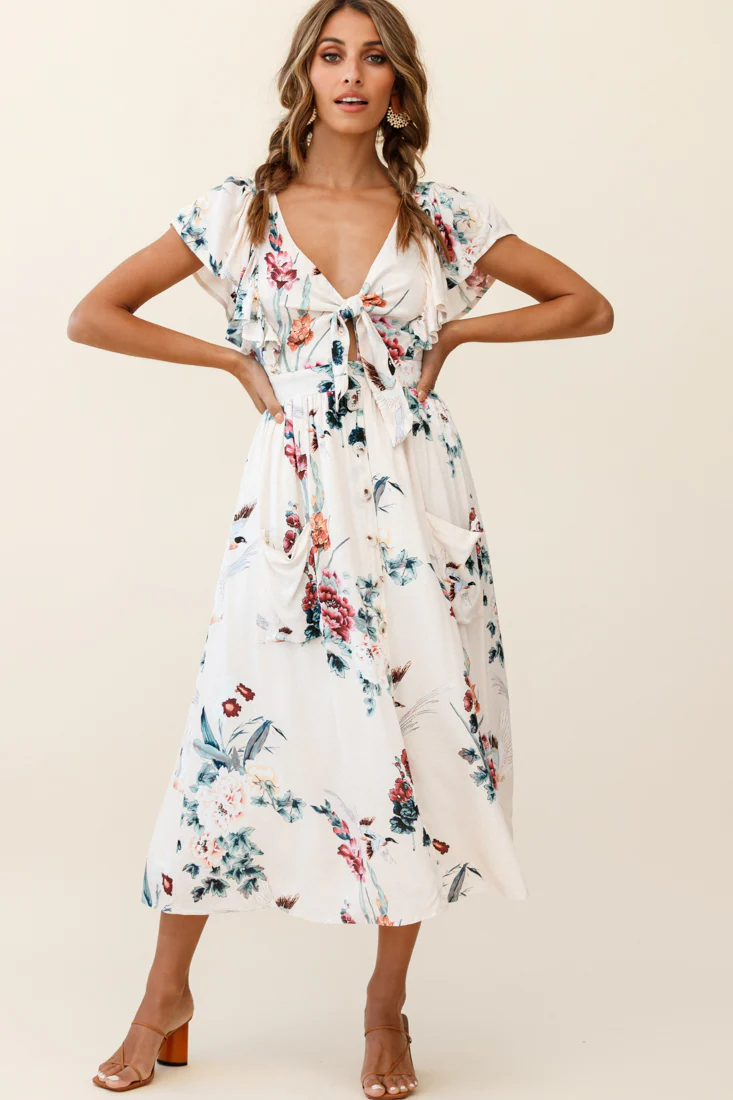 Amelie Tied Bust Pocket Midi Dress Floral Print Beige - Image 3