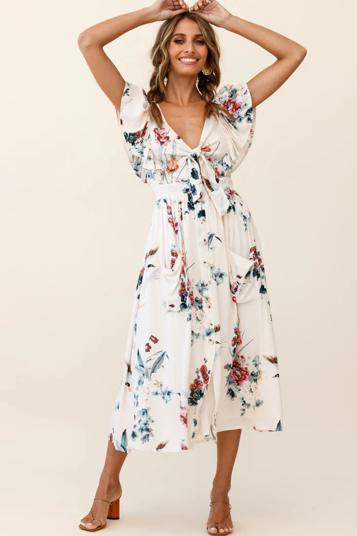 Amelie Tied Bust Pocket Midi Dress Floral Print Beige - Image 4