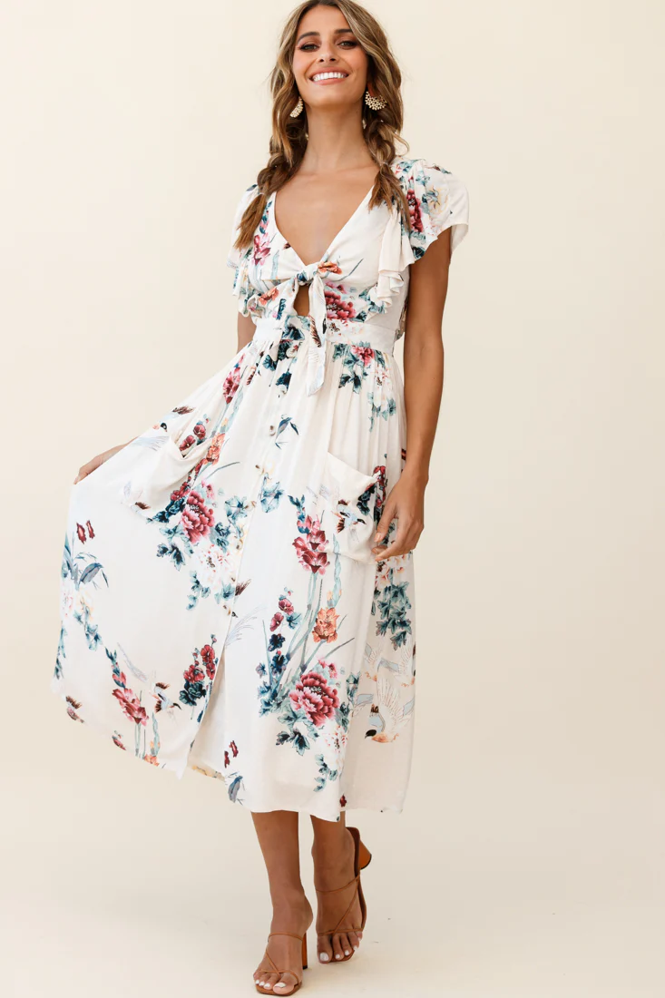 Amelie Tied Bust Pocket Midi Dress Floral Print Beige - Image 7