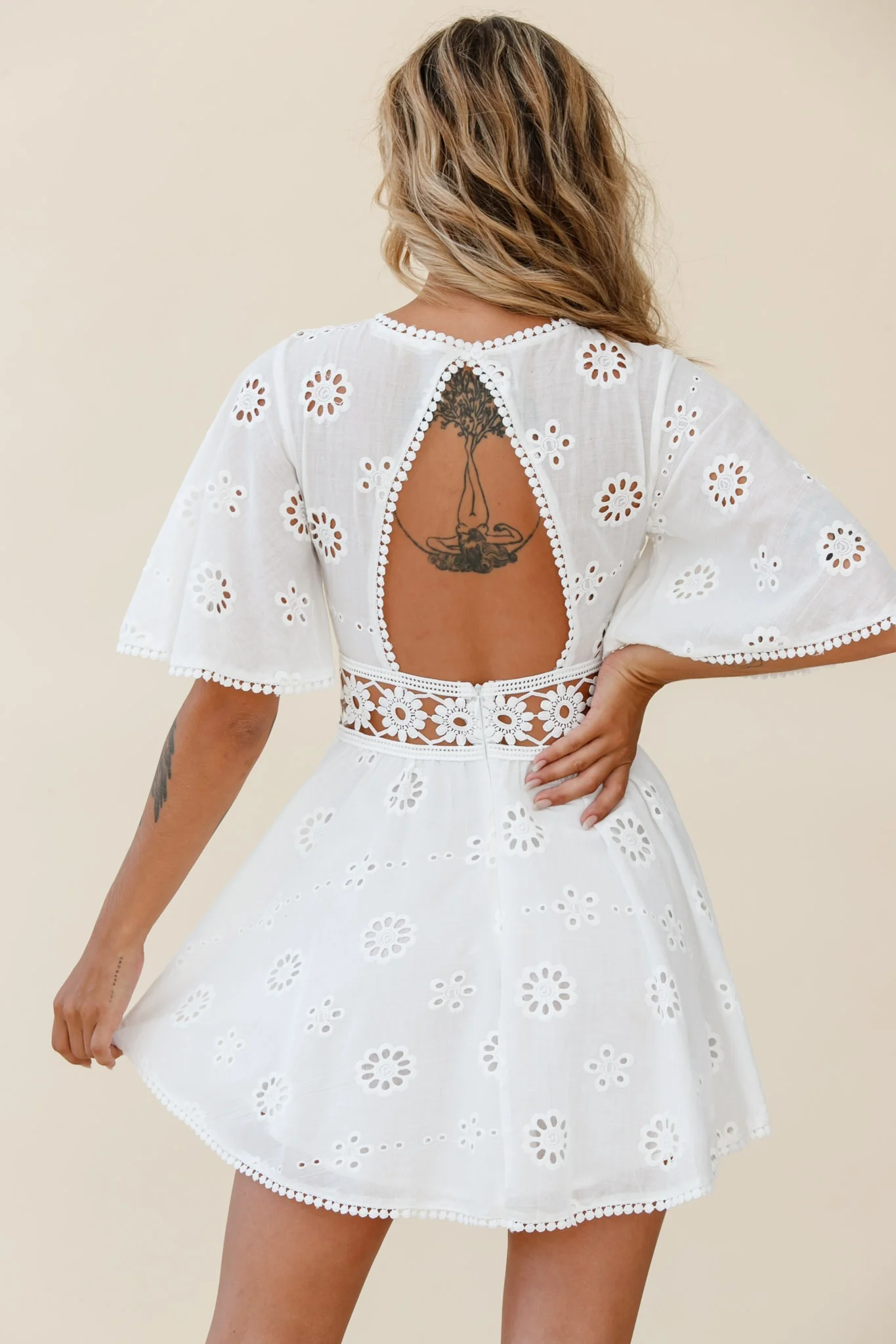 Anais Fluted Sleeve Exposed Back Broderie Anglaise Dress White - Image 14