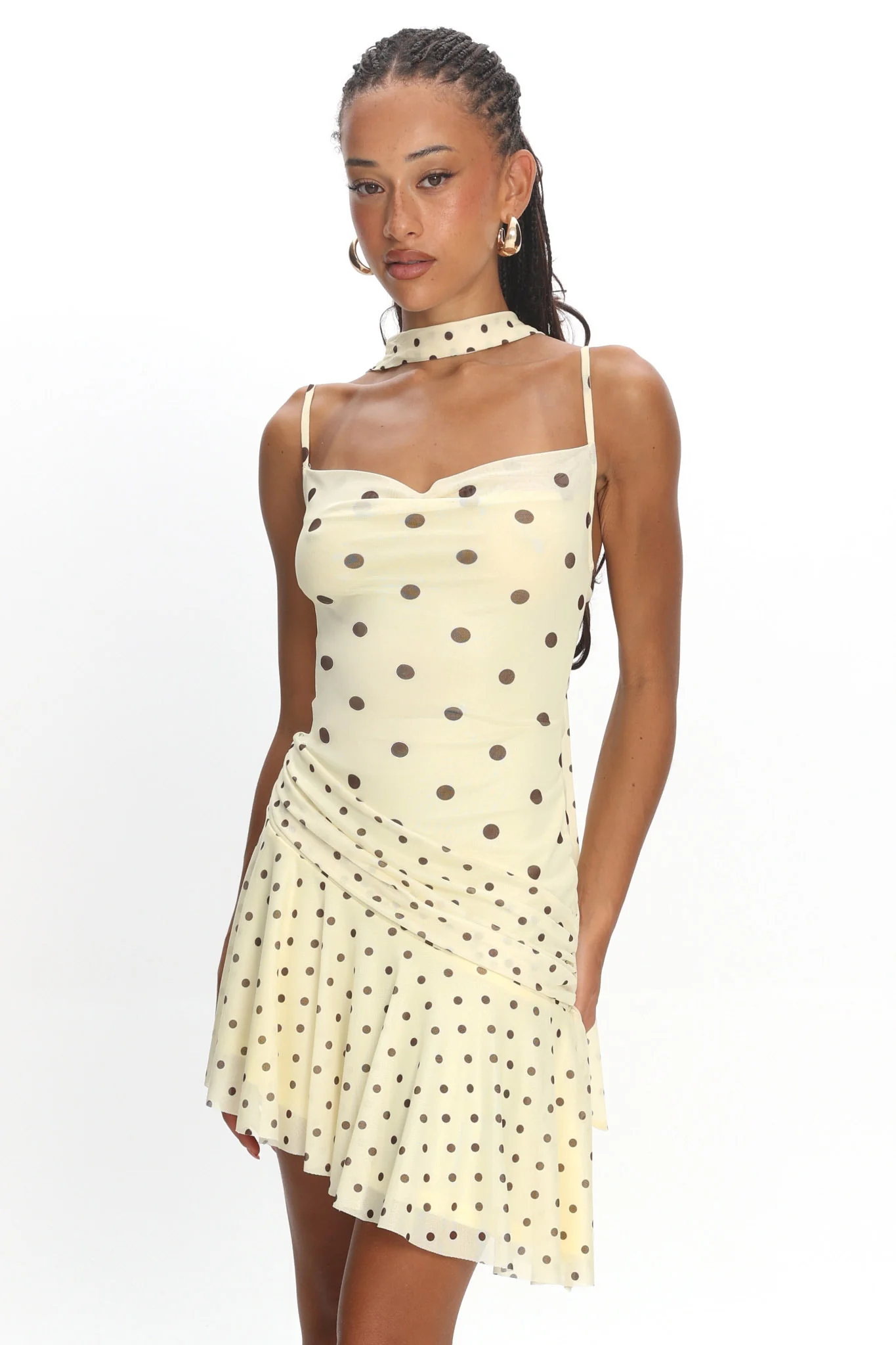 Anaisa Asymmetric Hem Mini Dress Polka Dot Butter - Image 5