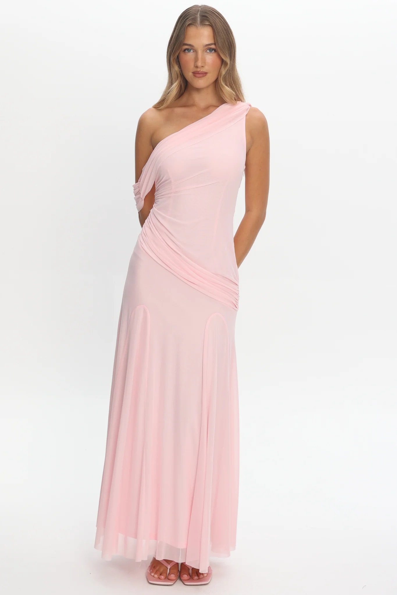Anaisa Asymmetric Neckline Draped Maxi Dress Light Pink - Image 5