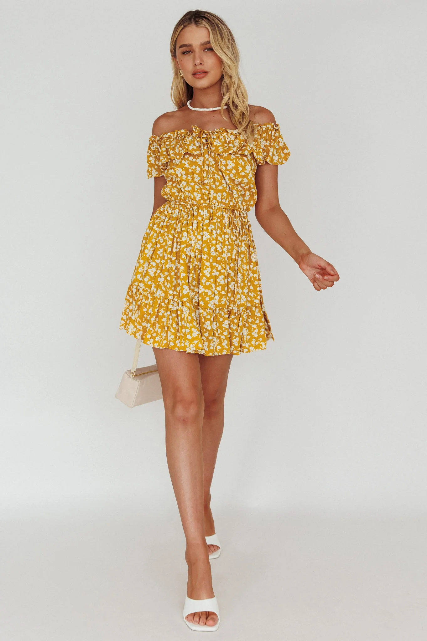 Andie Off-Shoulder Frill Dress Floral Yellow - Image 3