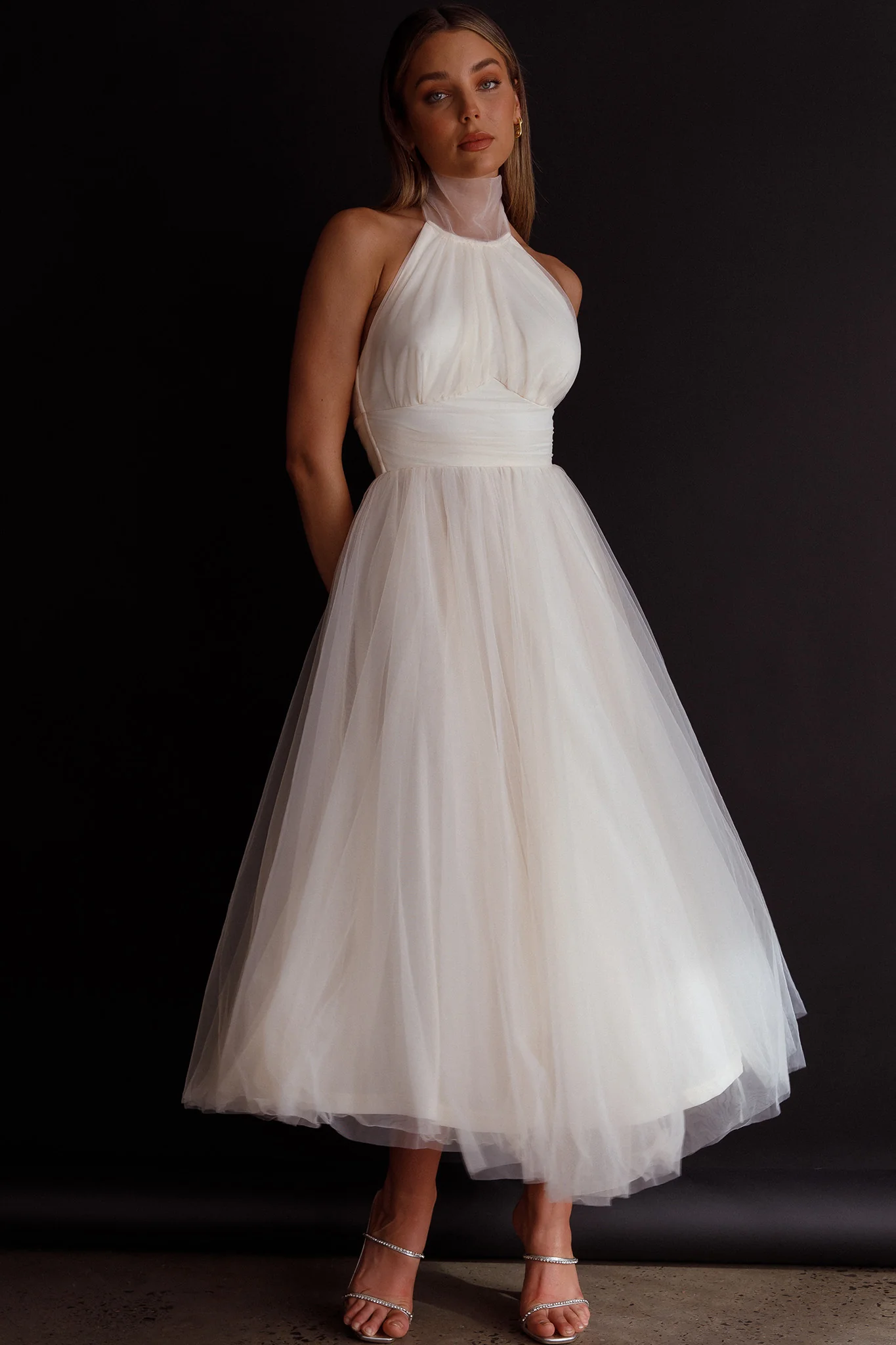 Andria Halterneck Tulle Midi Dress Ivory - Image 2
