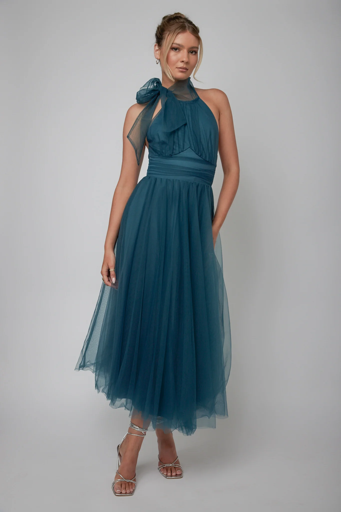 Andria Halterneck Tulle Midi Dress Teal - Image 5