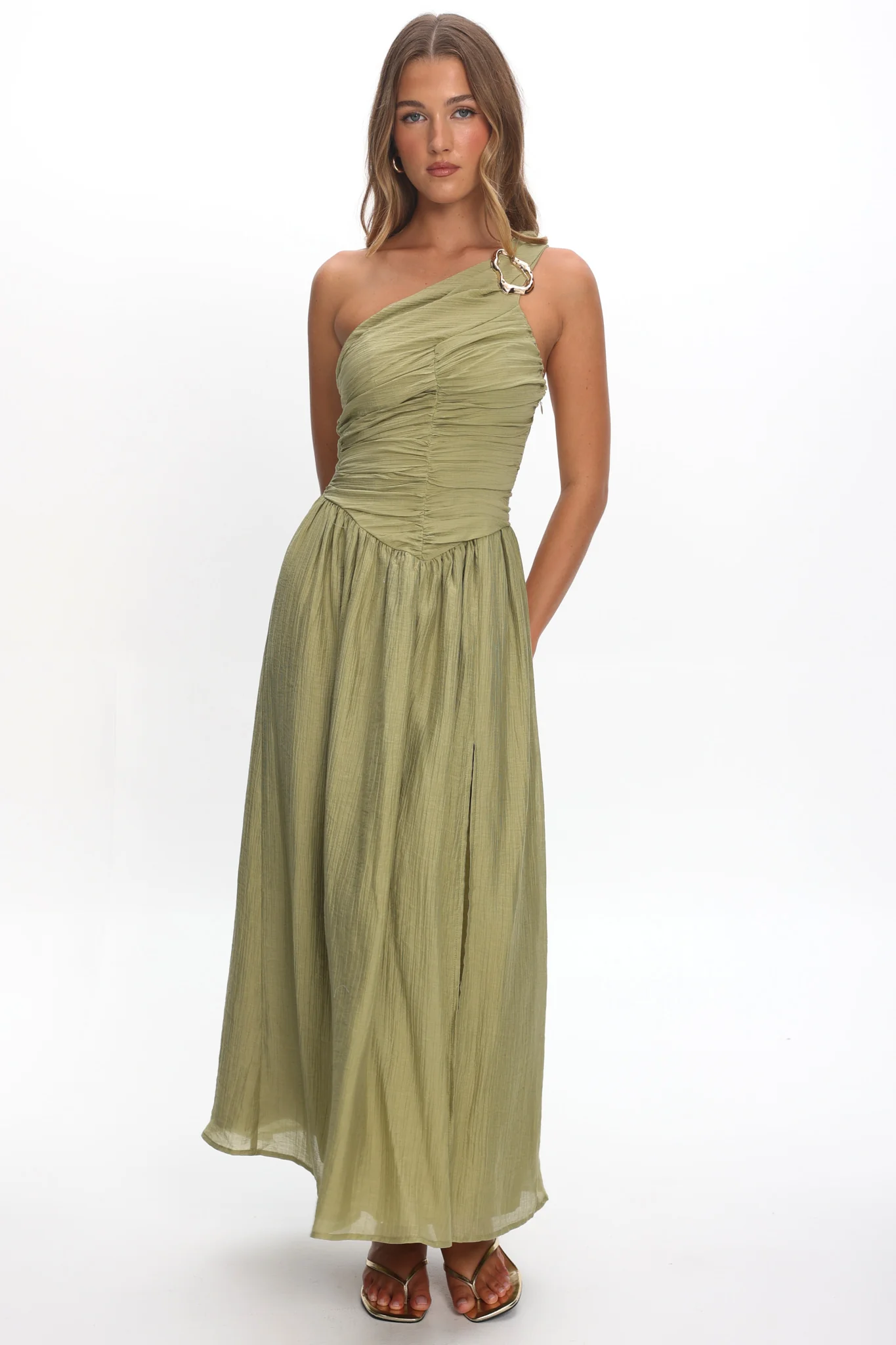 Andrina One-Shoulder Ruched Maxi Dress Olive - Image 2