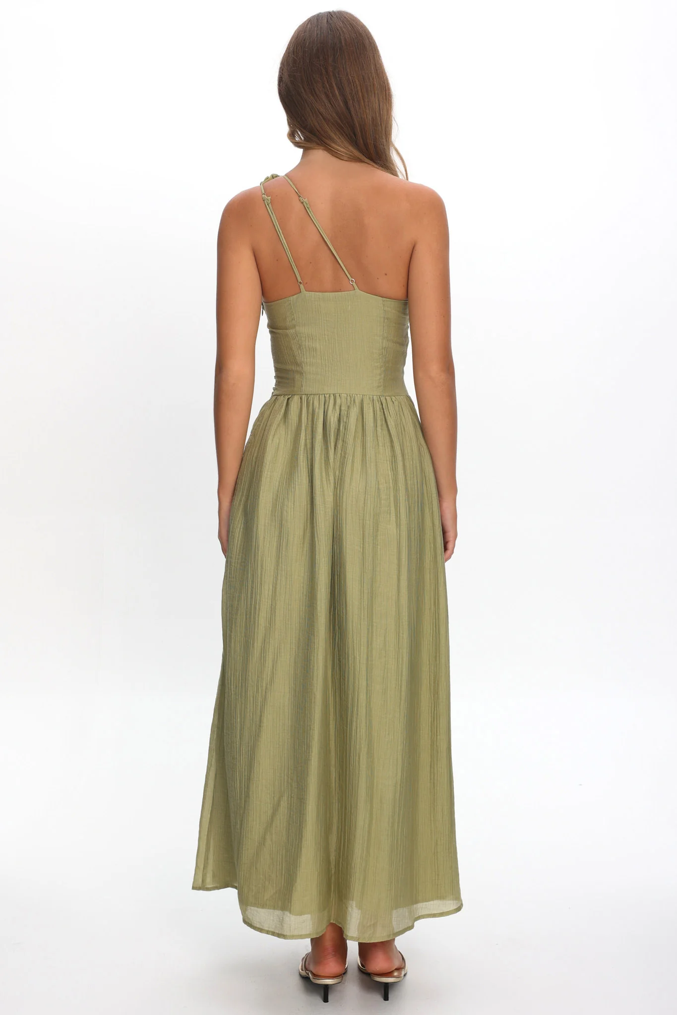 Andrina One-Shoulder Ruched Maxi Dress Olive - Image 3