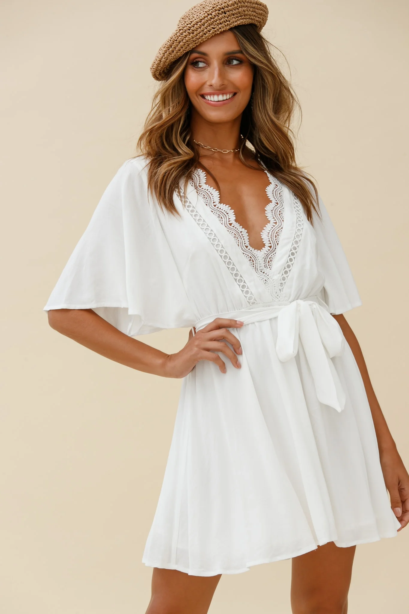 Angela Lace-Trimmed Bust Angel Sleeve Dress White - Image 5