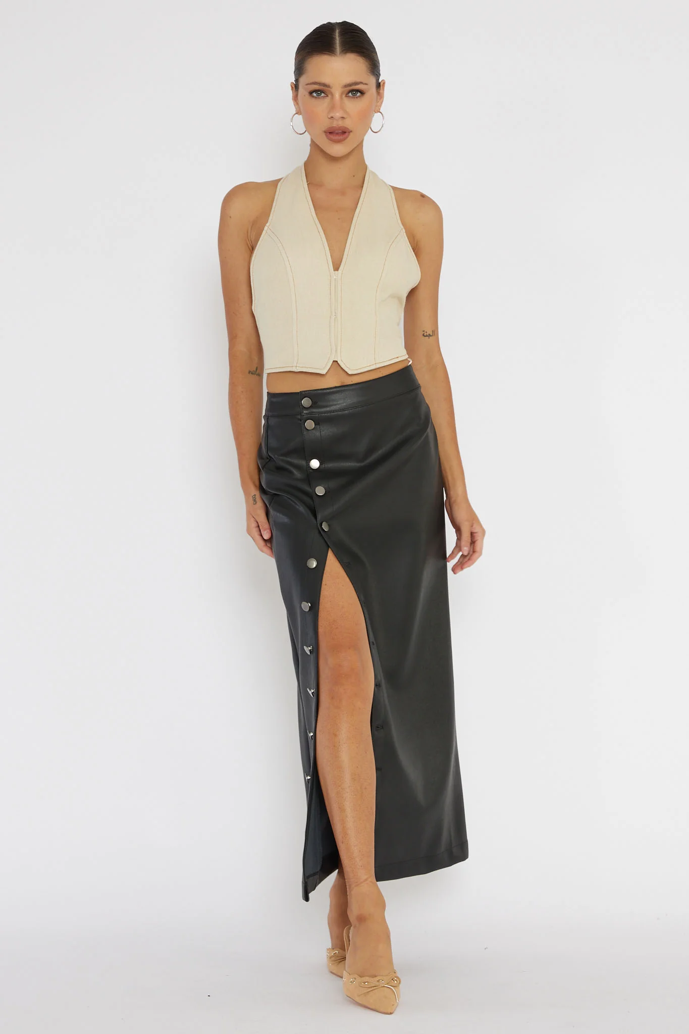 Angelica Button-Up Faux Leather Midi Skirt Black - Image 2