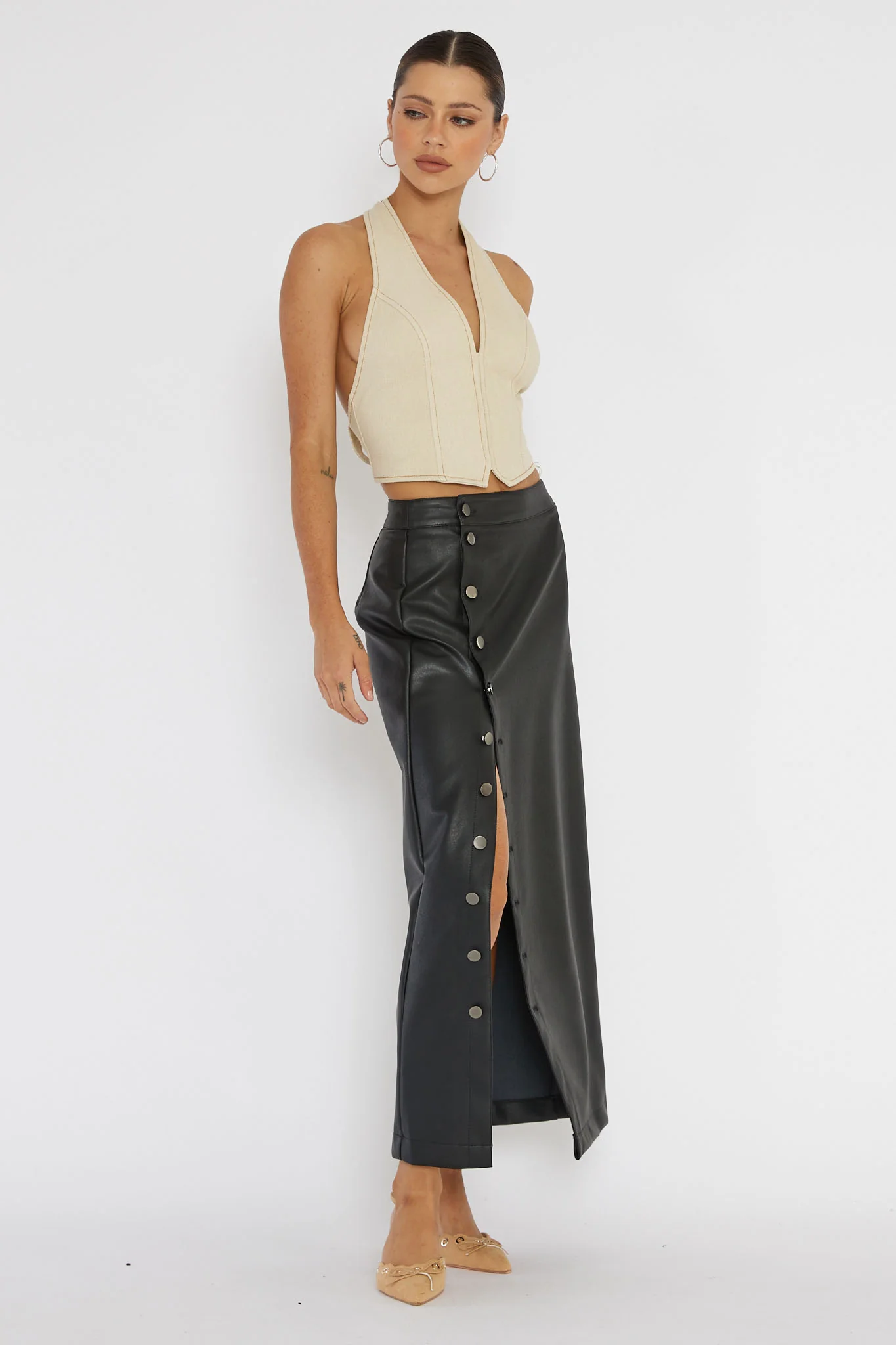 Angelica Button-Up Faux Leather Midi Skirt Black - Image 4